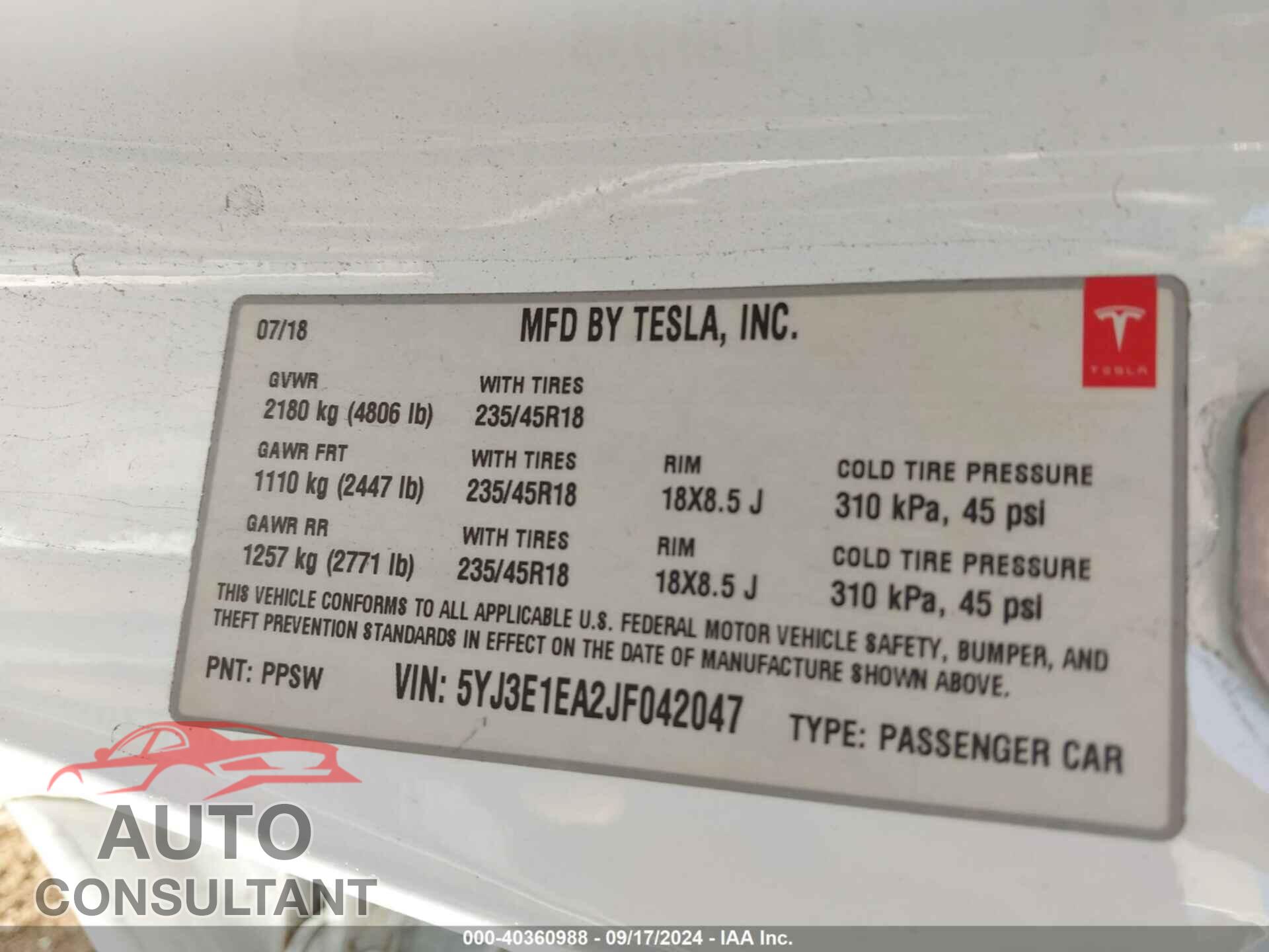 TESLA MODEL 3 2018 - 5YJ3E1EA2JF042047