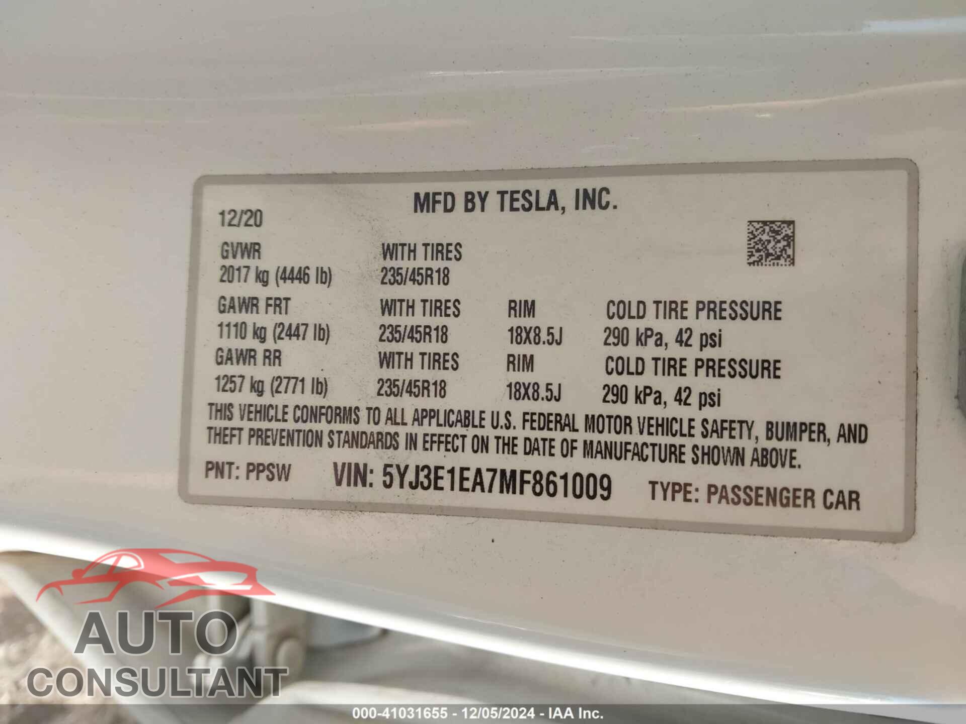 TESLA MODEL 3 2021 - 5YJ3E1EA7MF861009