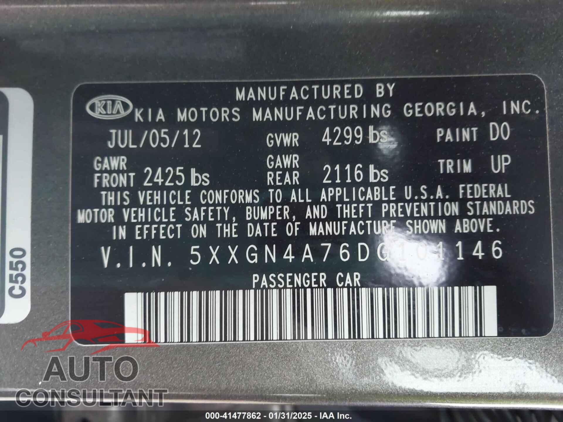 KIA OPTIMA 2013 - 5XXGN4A76DG101146