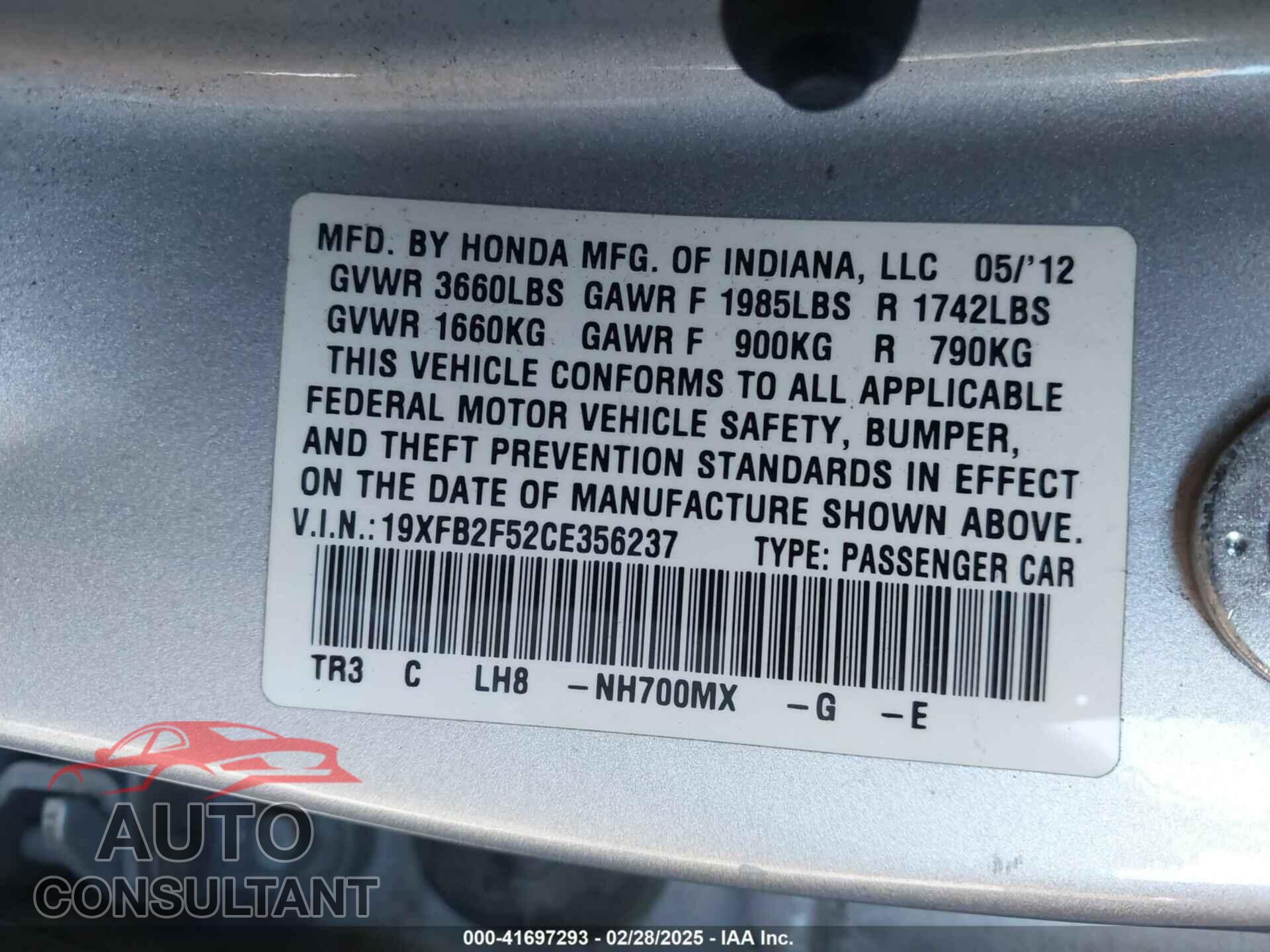 HONDA CIVIC 2012 - 19XFB2F52CE356237