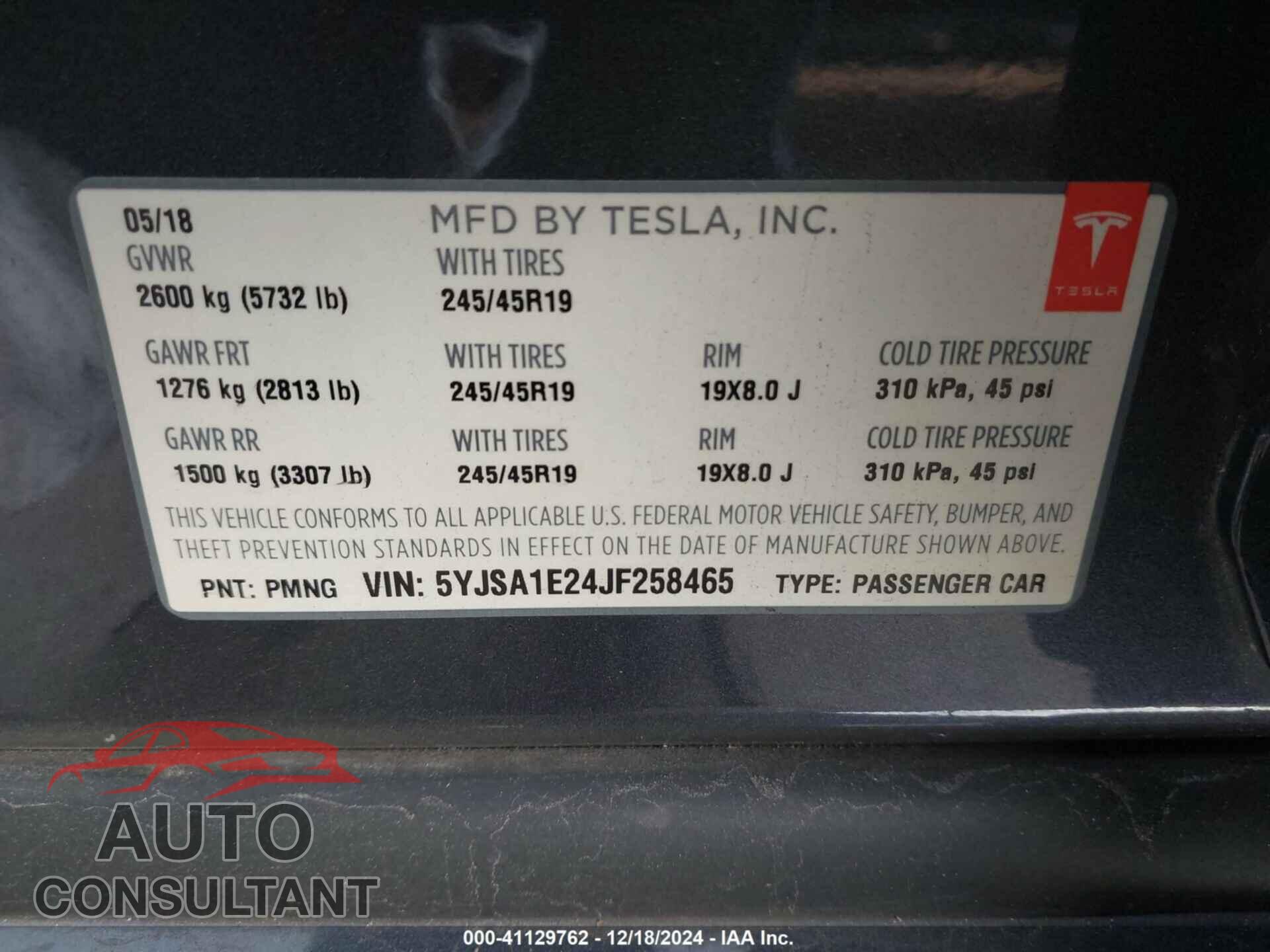 TESLA MODEL S 2018 - 5YJSA1E24JF258465