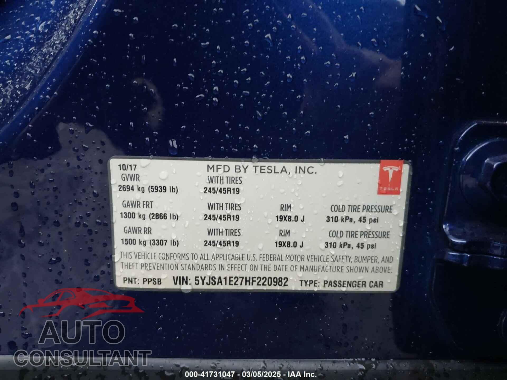 TESLA MODEL S 2017 - 5YJSA1E27HF220982