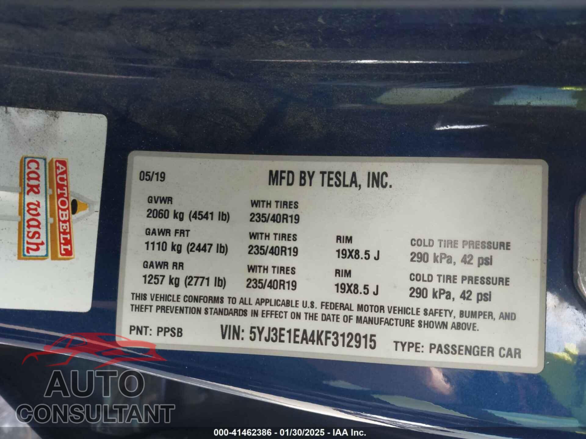 TESLA MODEL 3 2019 - 5YJ3E1EA4KF312915