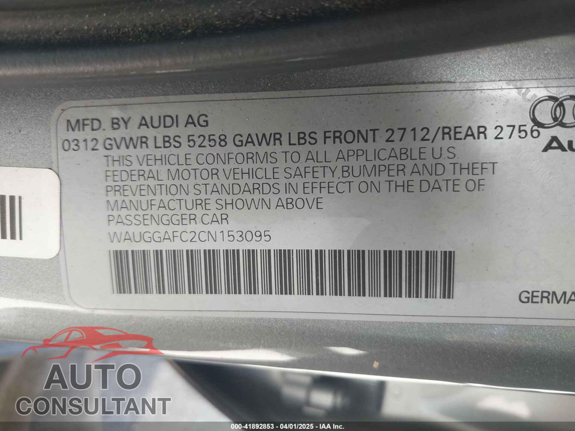 AUDI A6 2012 - WAUGGAFC2CN153095