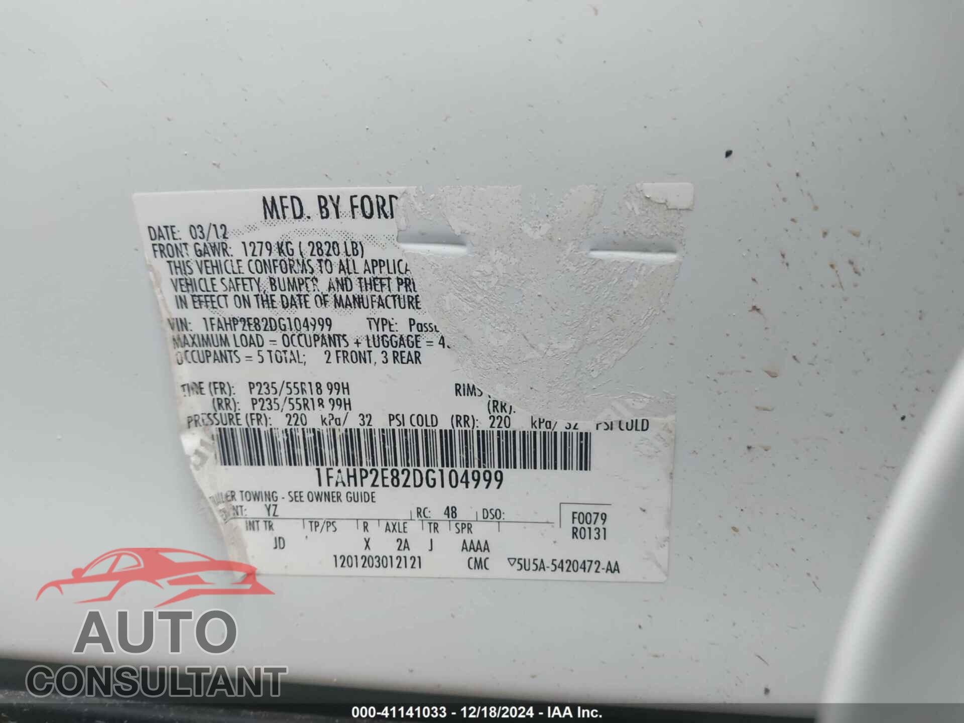 FORD TAURUS 2013 - 1FAHP2E82DG104999