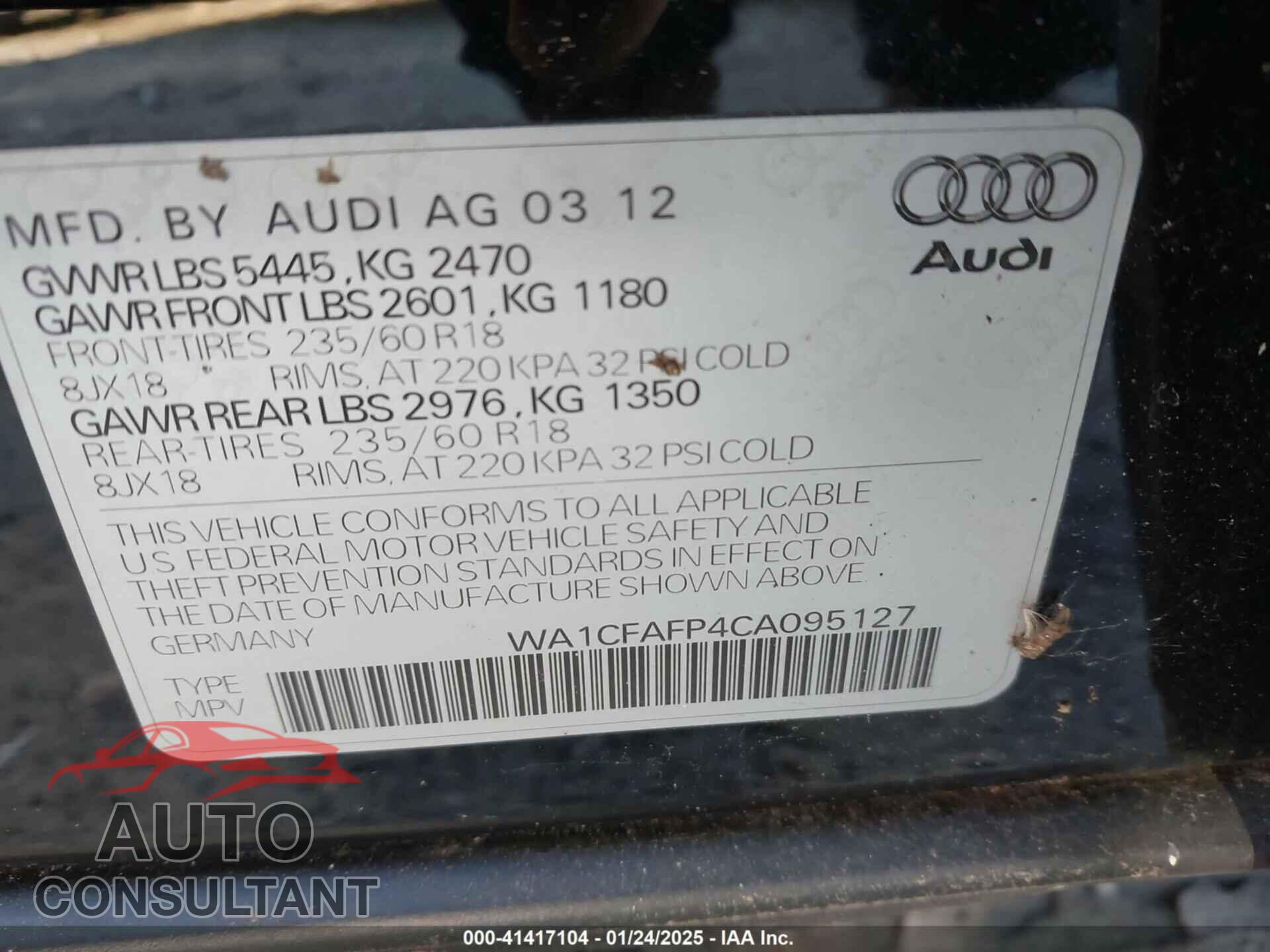 AUDI Q5 2012 - WA1CFAFP4CA095127