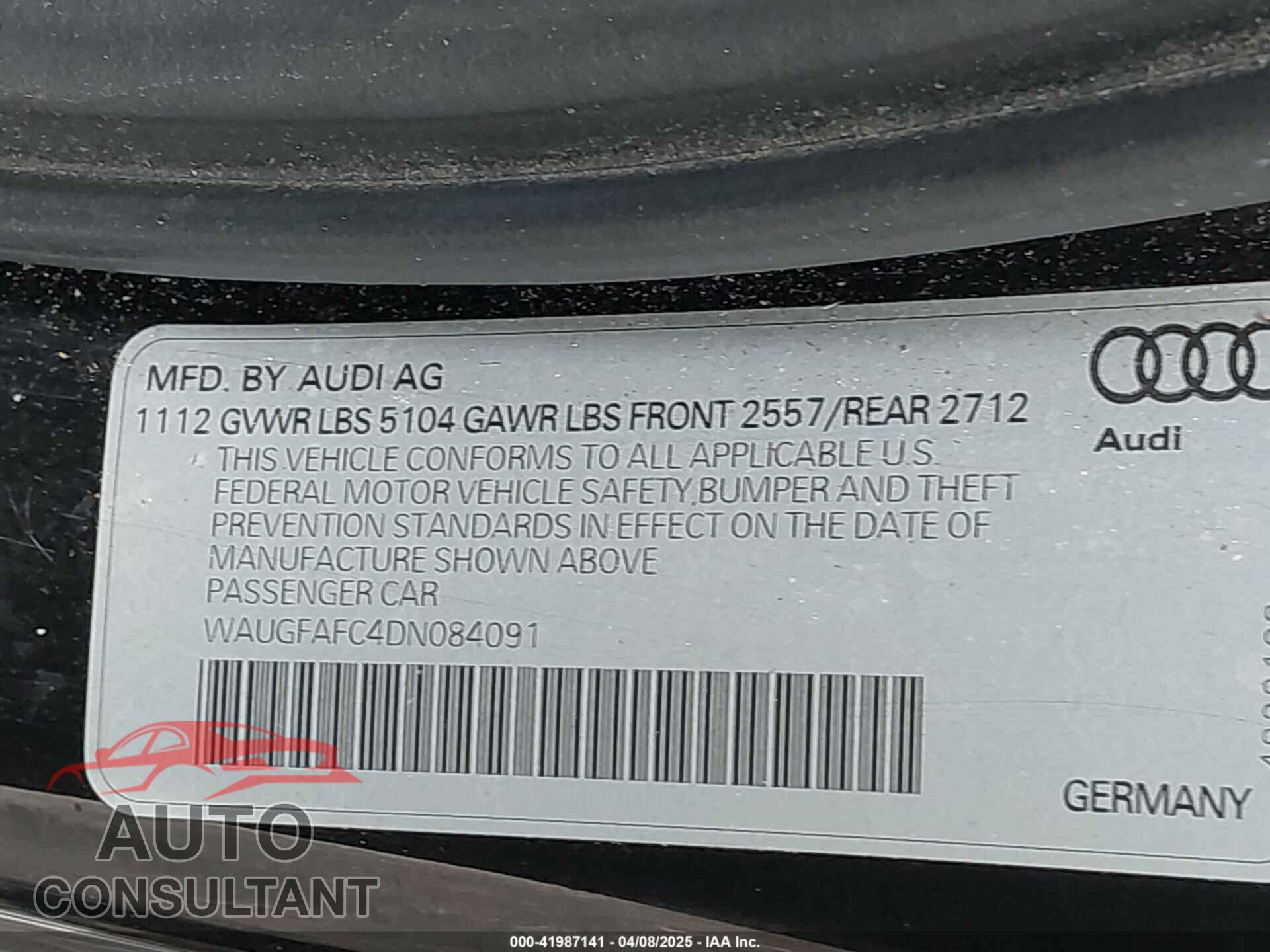 AUDI A6 2013 - WAUGFAFC4DN084091