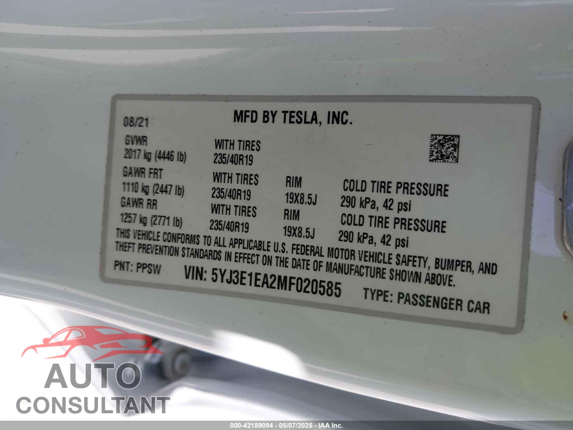TESLA MODEL 3 2021 - 5YJ3E1EA2MF020585