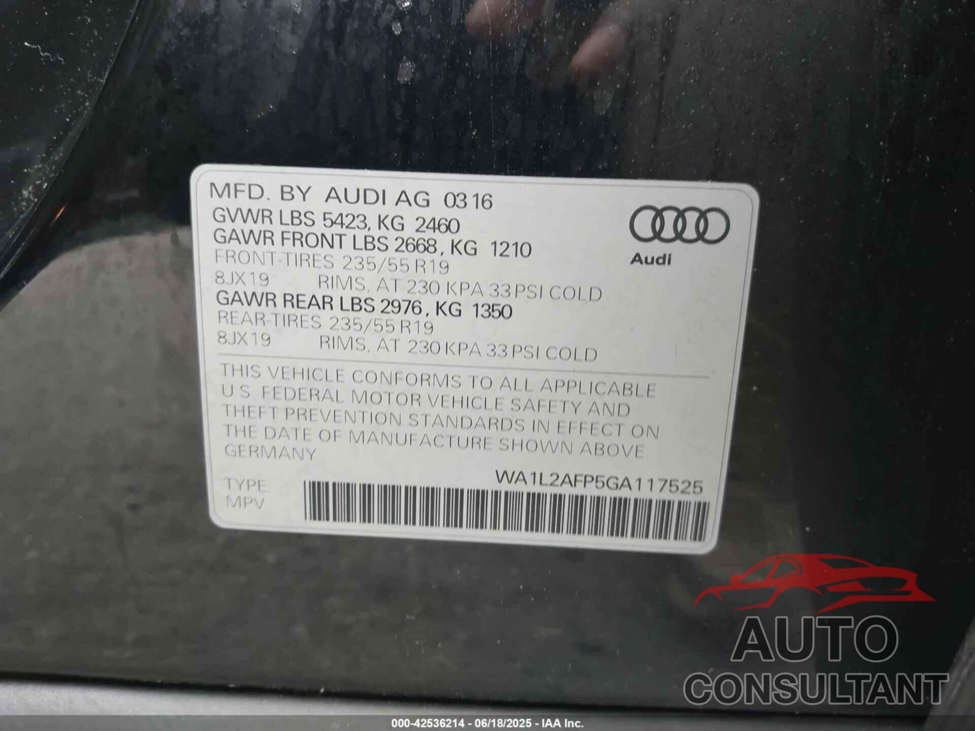 AUDI Q5 2016 - WA1L2AFP5GA117525