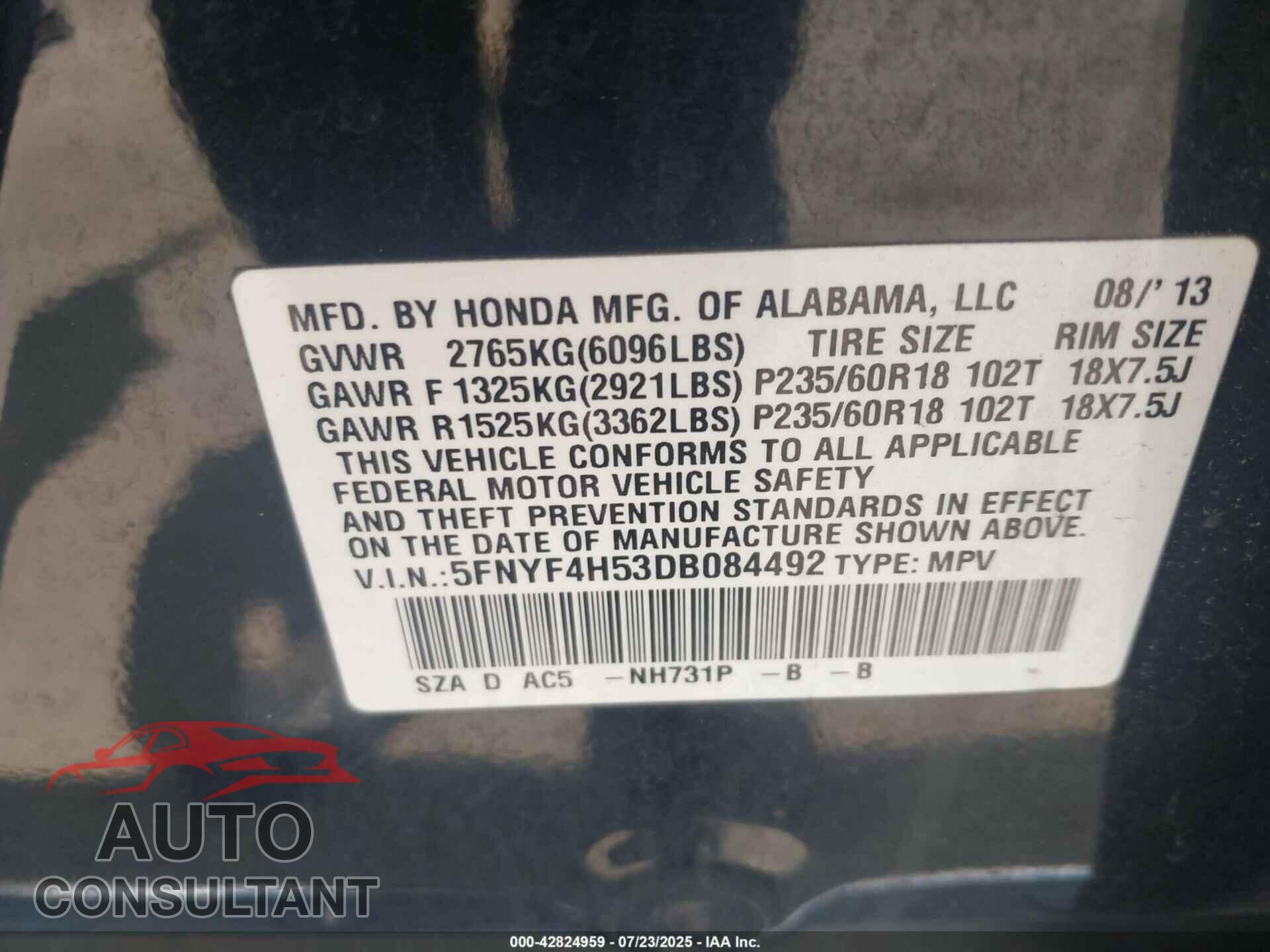HONDA PILOT 2013 - 5FNYF4H53DB084492