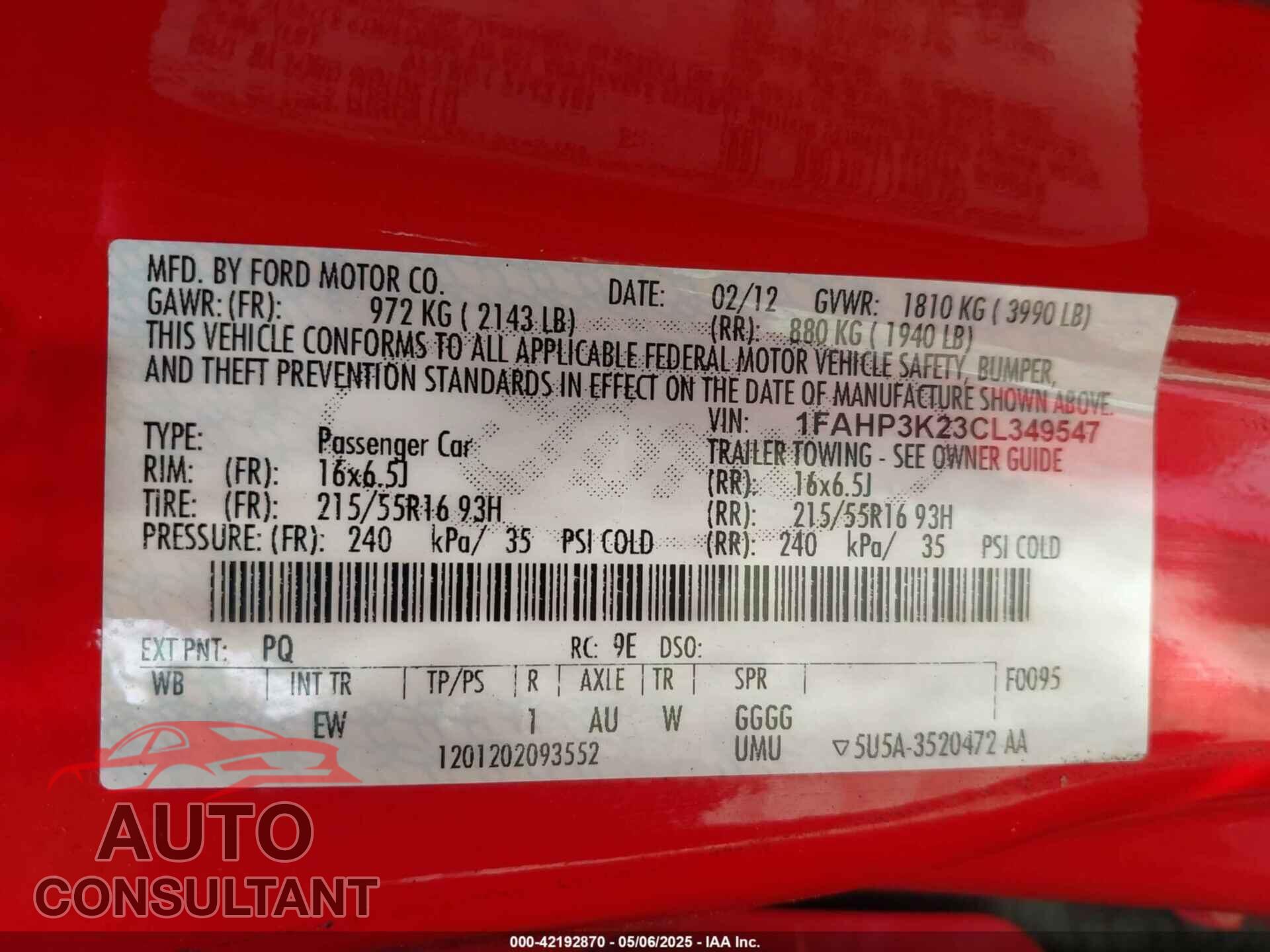 FORD FOCUS 2012 - 1FAHP3K23CL349547