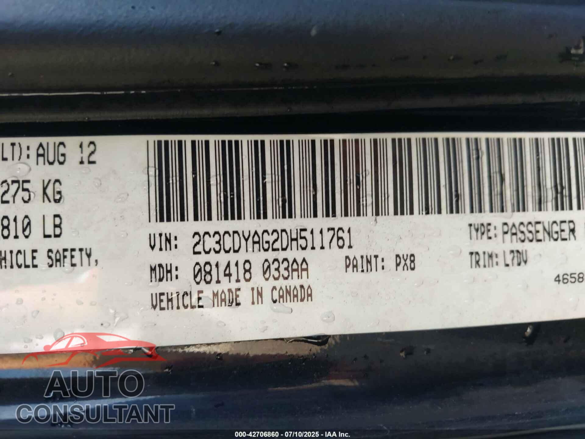 DODGE CHALLENGER 2013 - 2C3CDYAG2DH511761