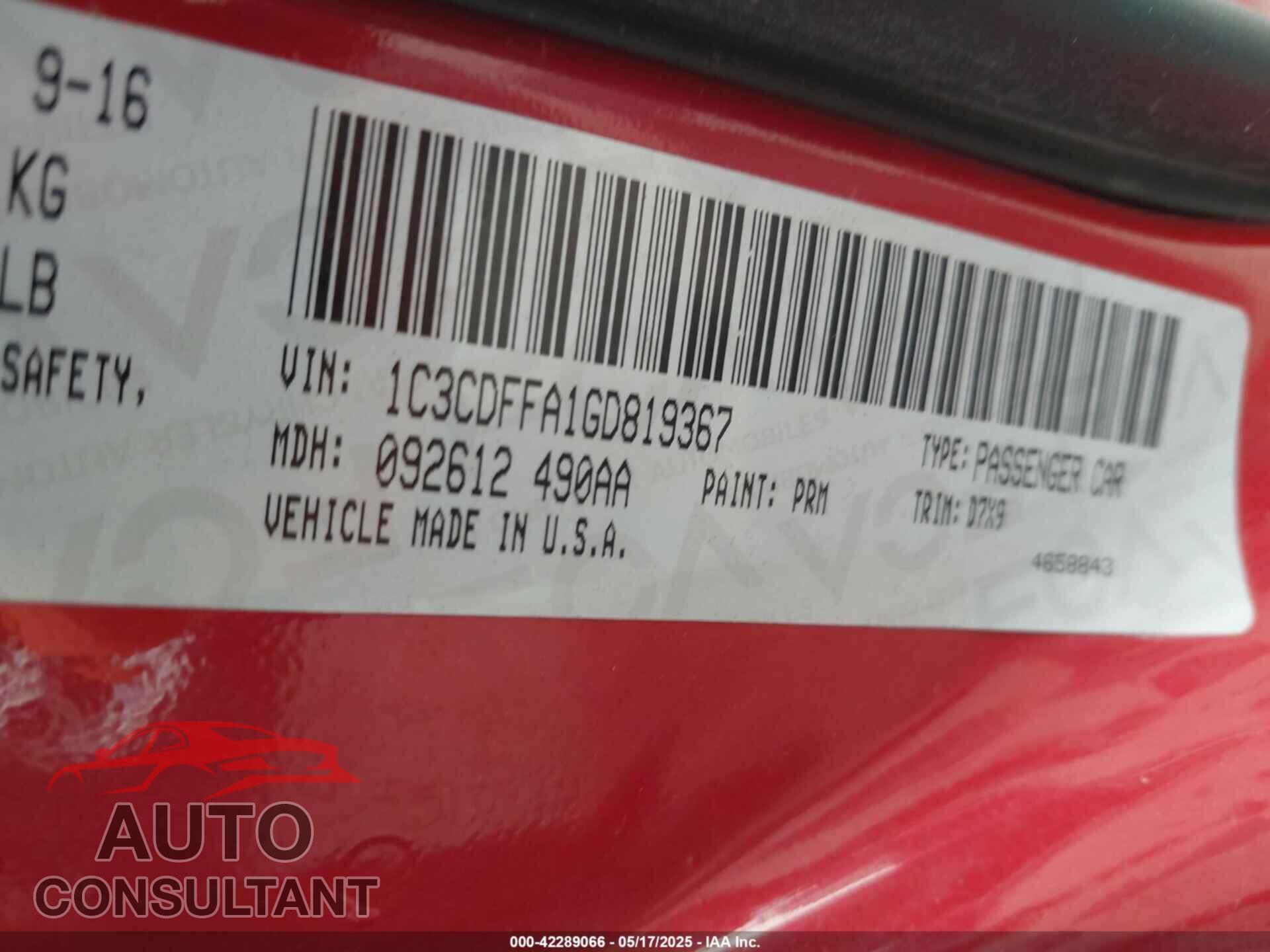 DODGE DART 2016 - 1C3CDFFA1GD819367