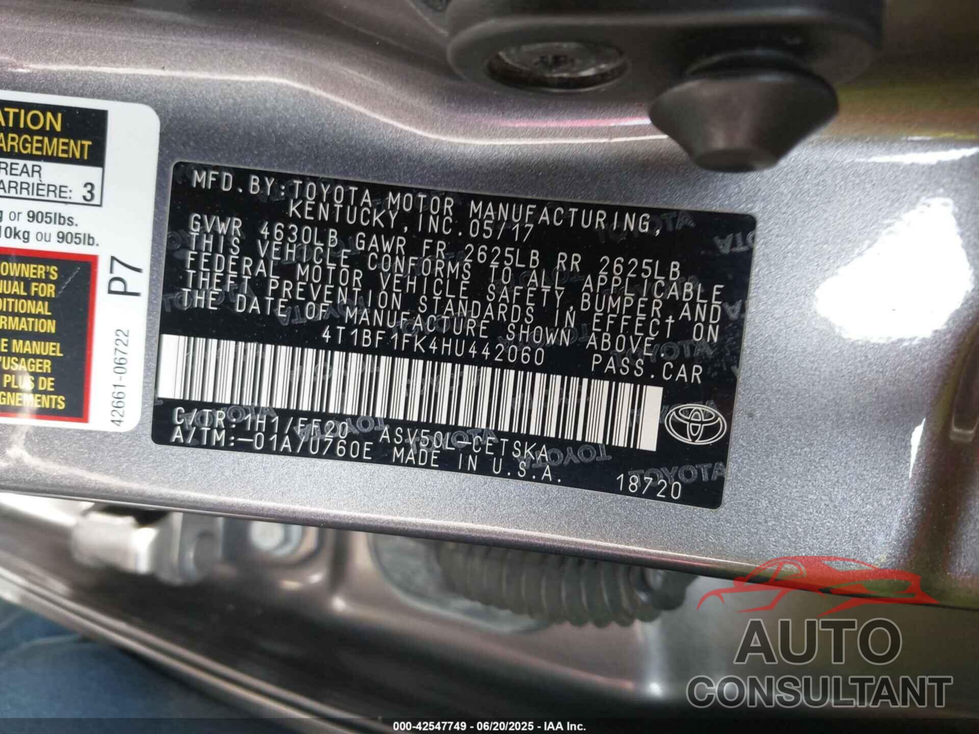TOYOTA CAMRY 2017 - 4T1BF1FK4HU442060
