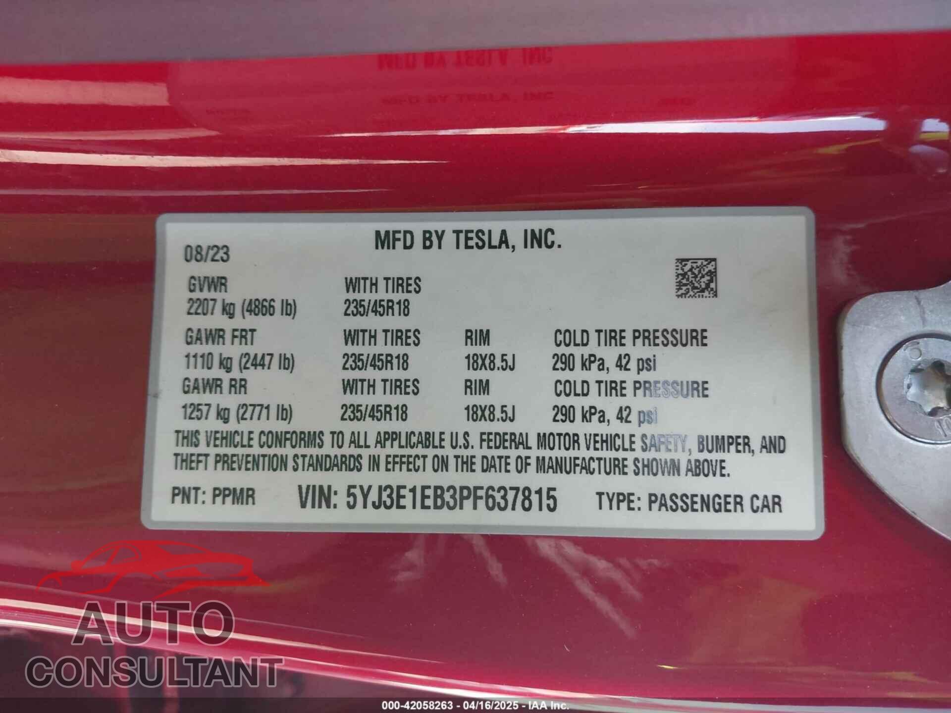 TESLA MODEL 3 2023 - 5YJ3E1EB3PF637815