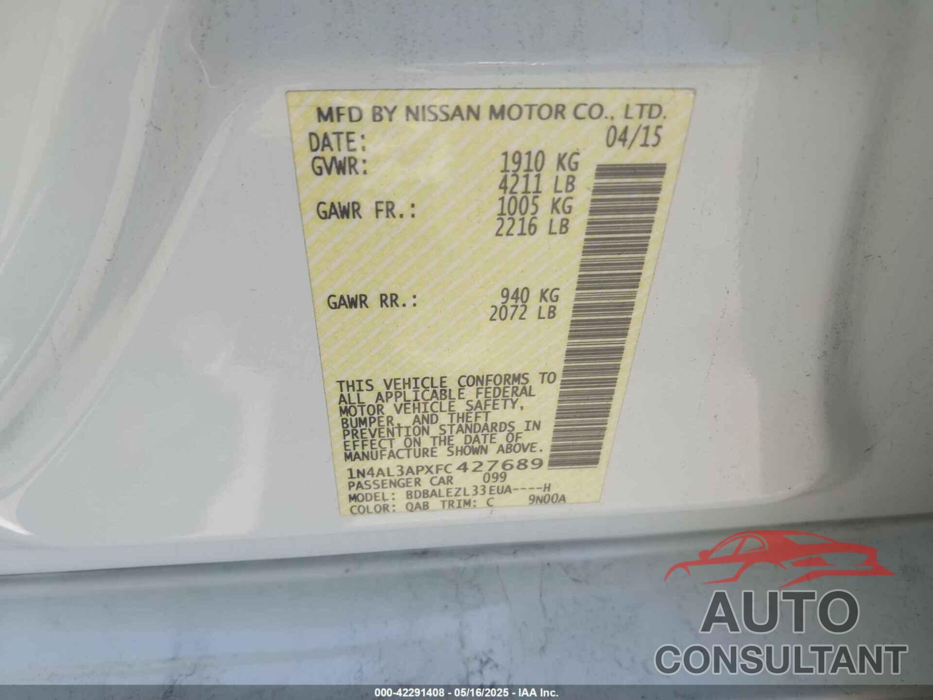NISSAN ALTIMA 2015 - 1N4AL3APXFC427689