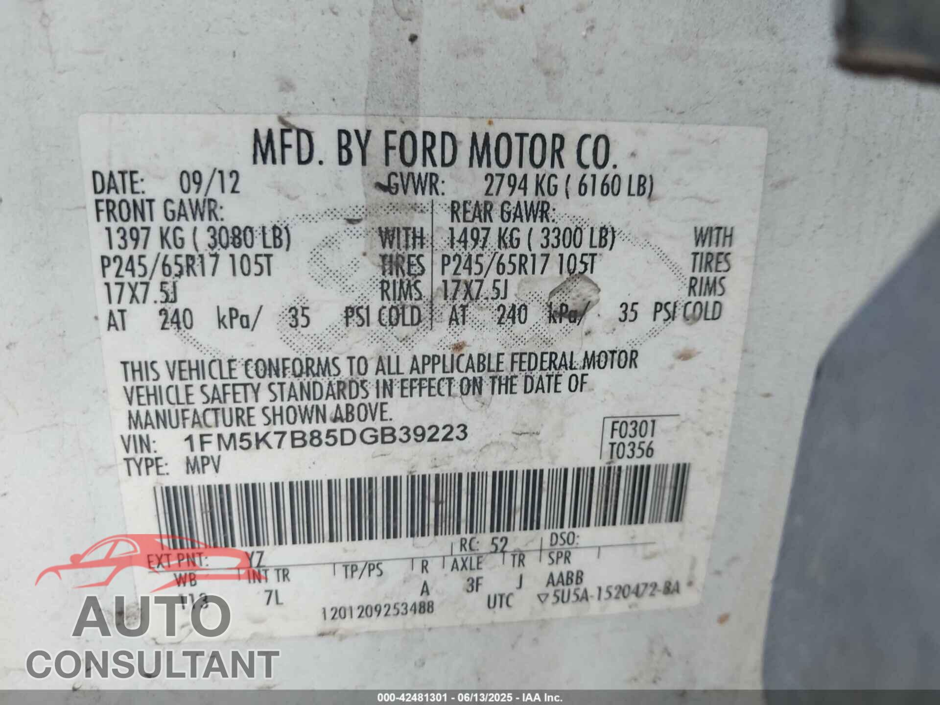 FORD EXPLORER 2013 - 1FM5K7B85DGB39223