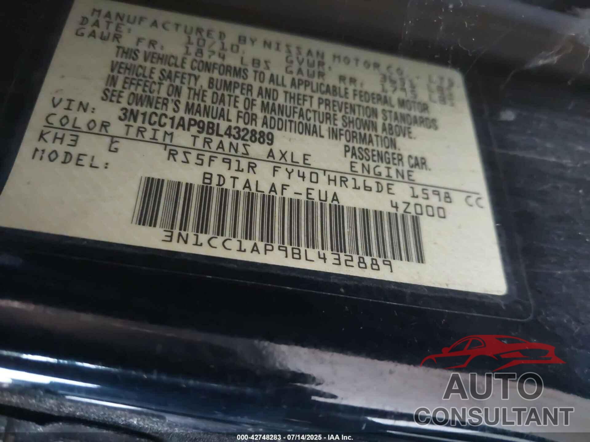 NISSAN VERSA 2011 - 3N1CC1AP9BL432889