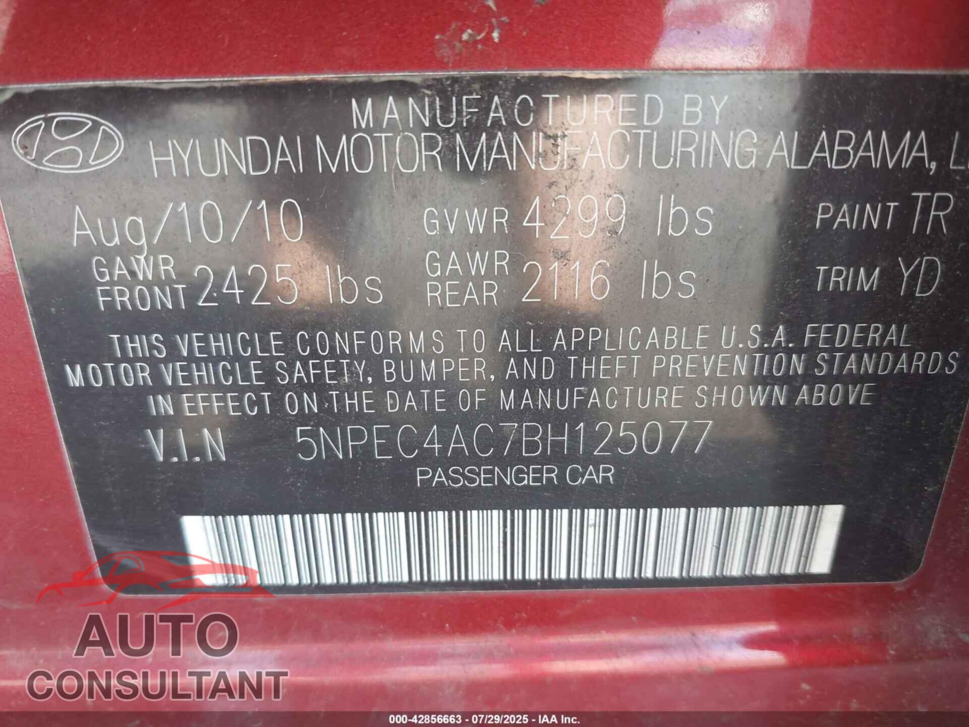 HYUNDAI SONATA 2011 - 5NPEC4AC7BH125077