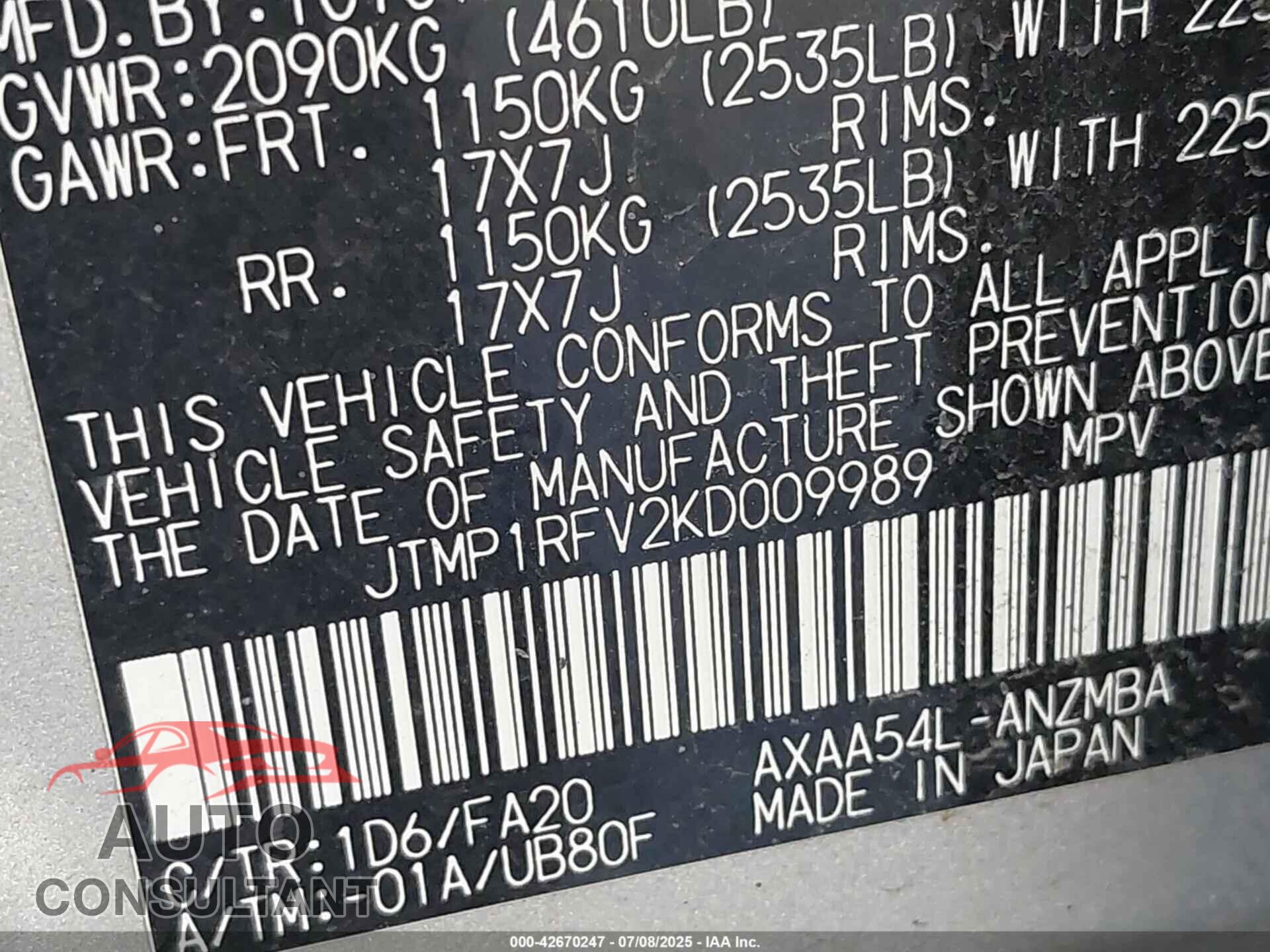 TOYOTA RAV4 2019 - JTMP1RFV2KD009989