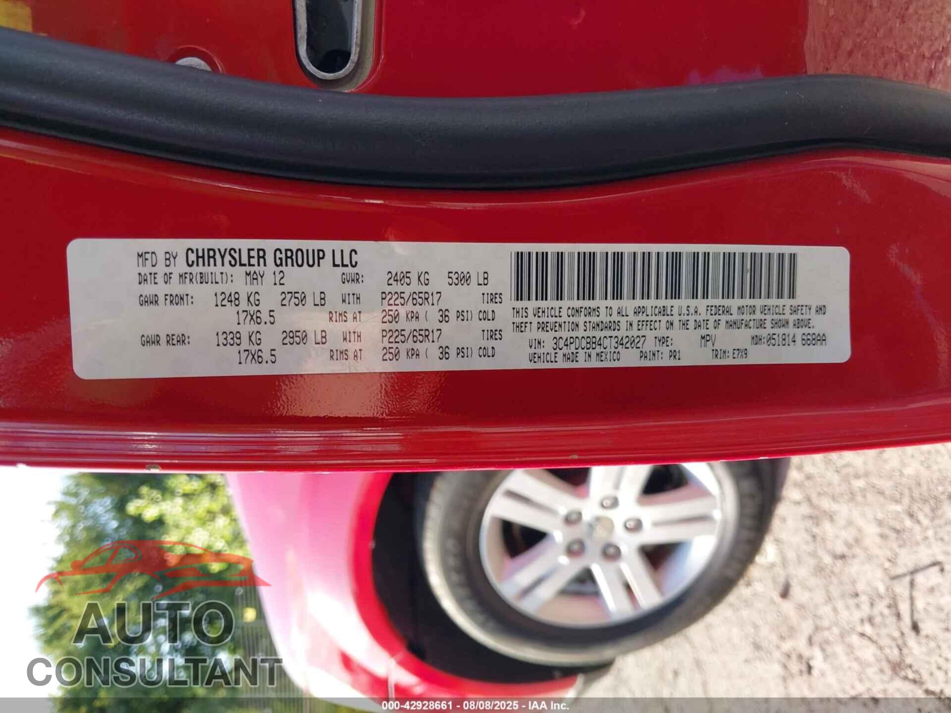 DODGE JOURNEY 2012 - 3C4PDCBB4CT342027