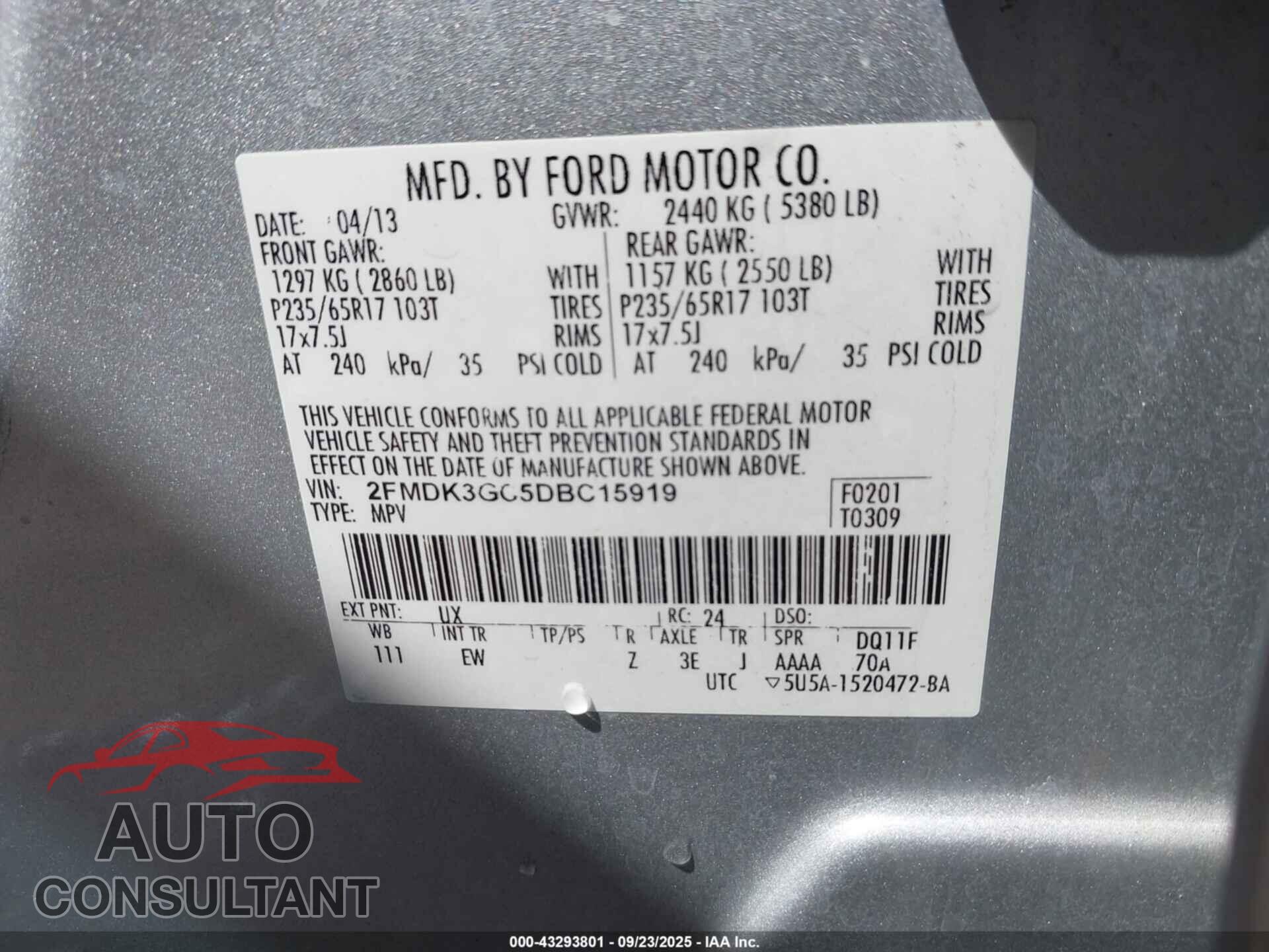 FORD EDGE 2013 - 2FMDK3GC5DBC15919