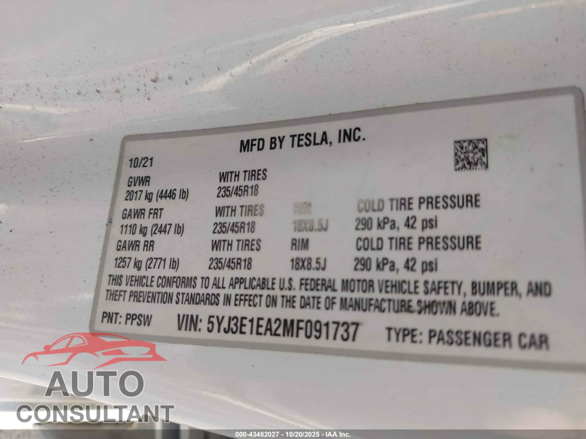 TESLA MODEL 3 2021 - 5YJ3E1EA2MF091737