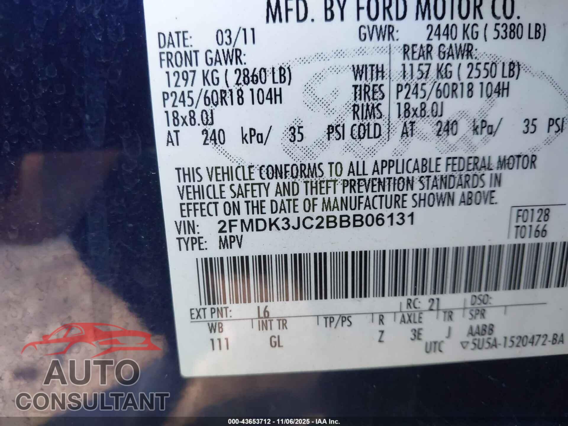FORD EDGE 2011 - 2FMDK3JC2BBB06131
