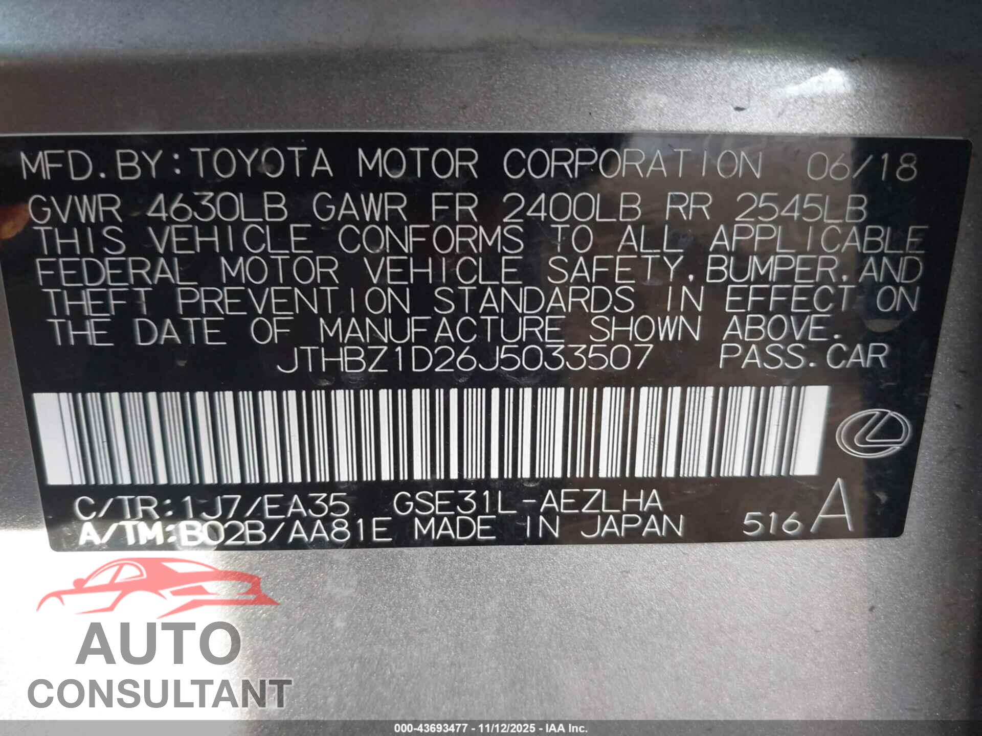 LEXUS IS 350 2018 - JTHBZ1D26J5033507