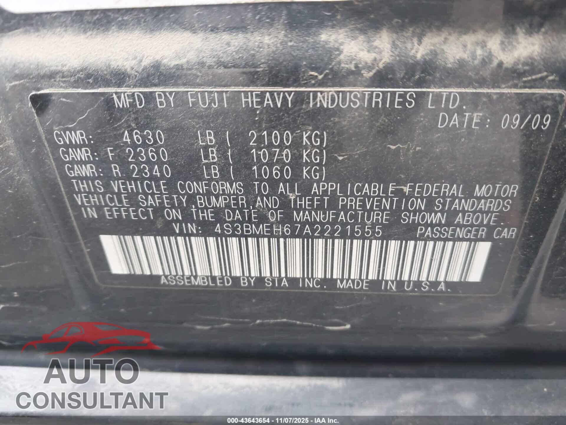 SUBARU LEGACY 2010 - 4S3BMEH67A2221555