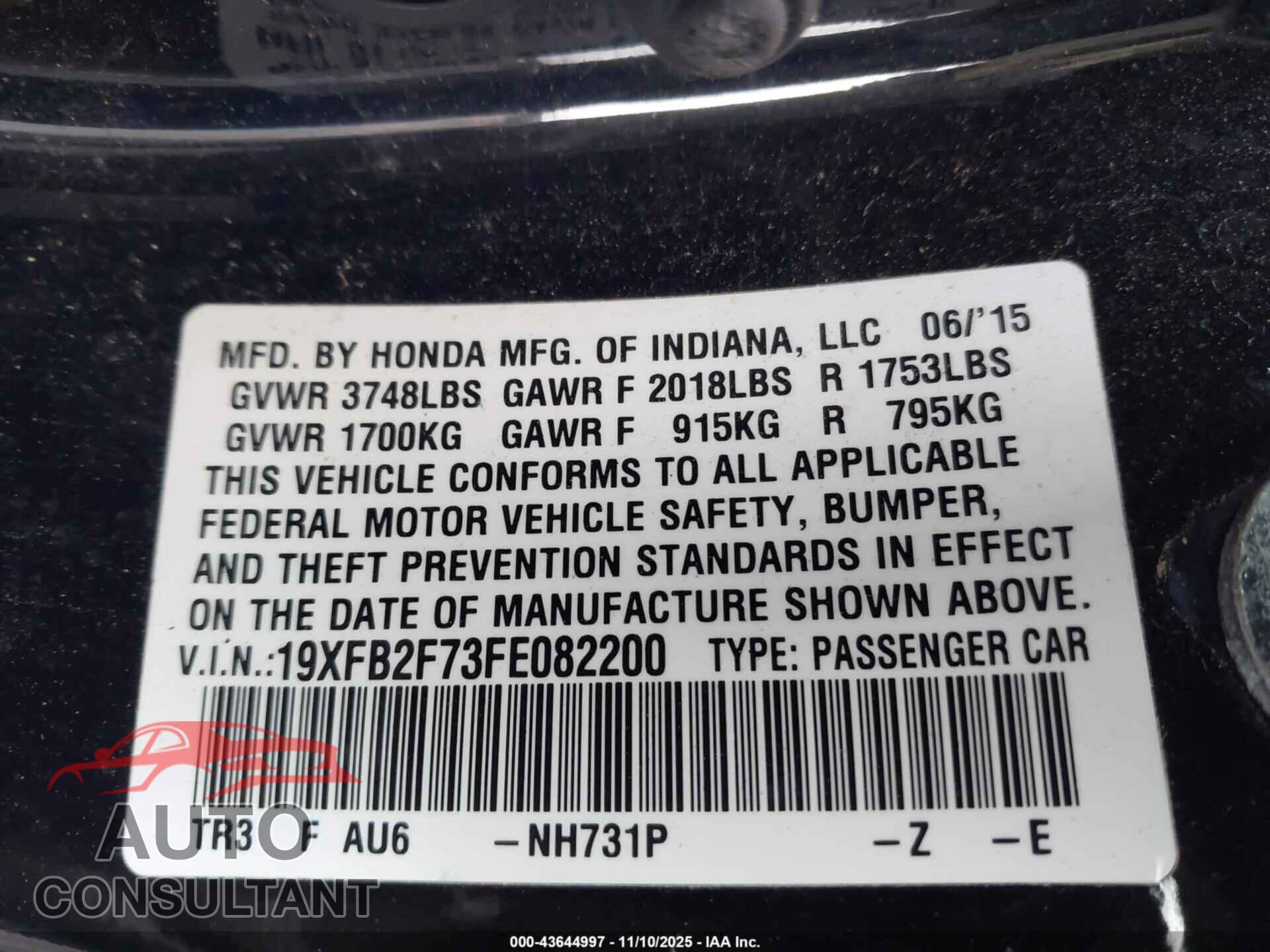 HONDA CIVIC 2015 - 19XFB2F73FE082200