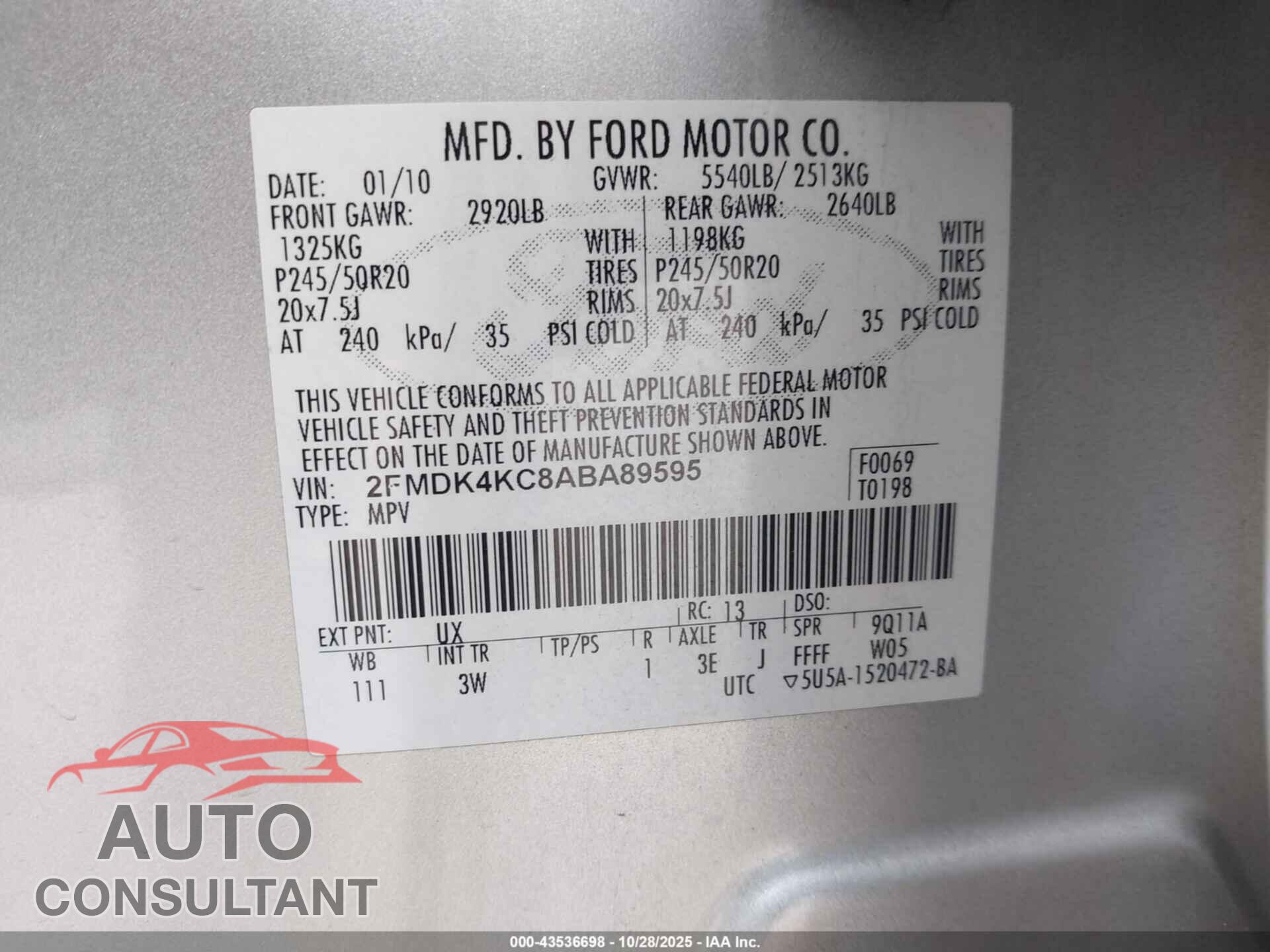 FORD EDGE 2010 - 2FMDK4KC8ABA89595