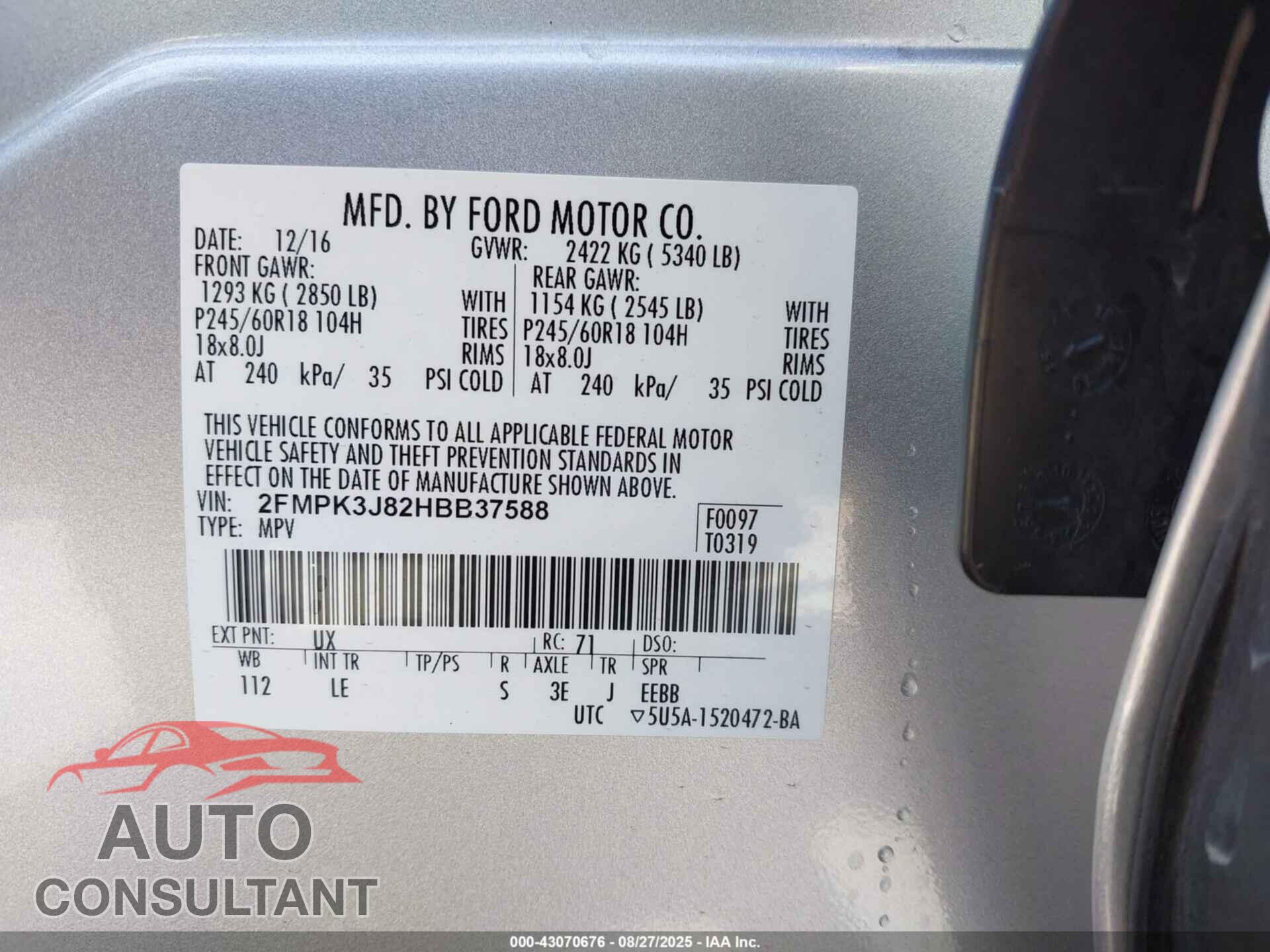 FORD EDGE 2017 - 2FMPK3J82HBB37588