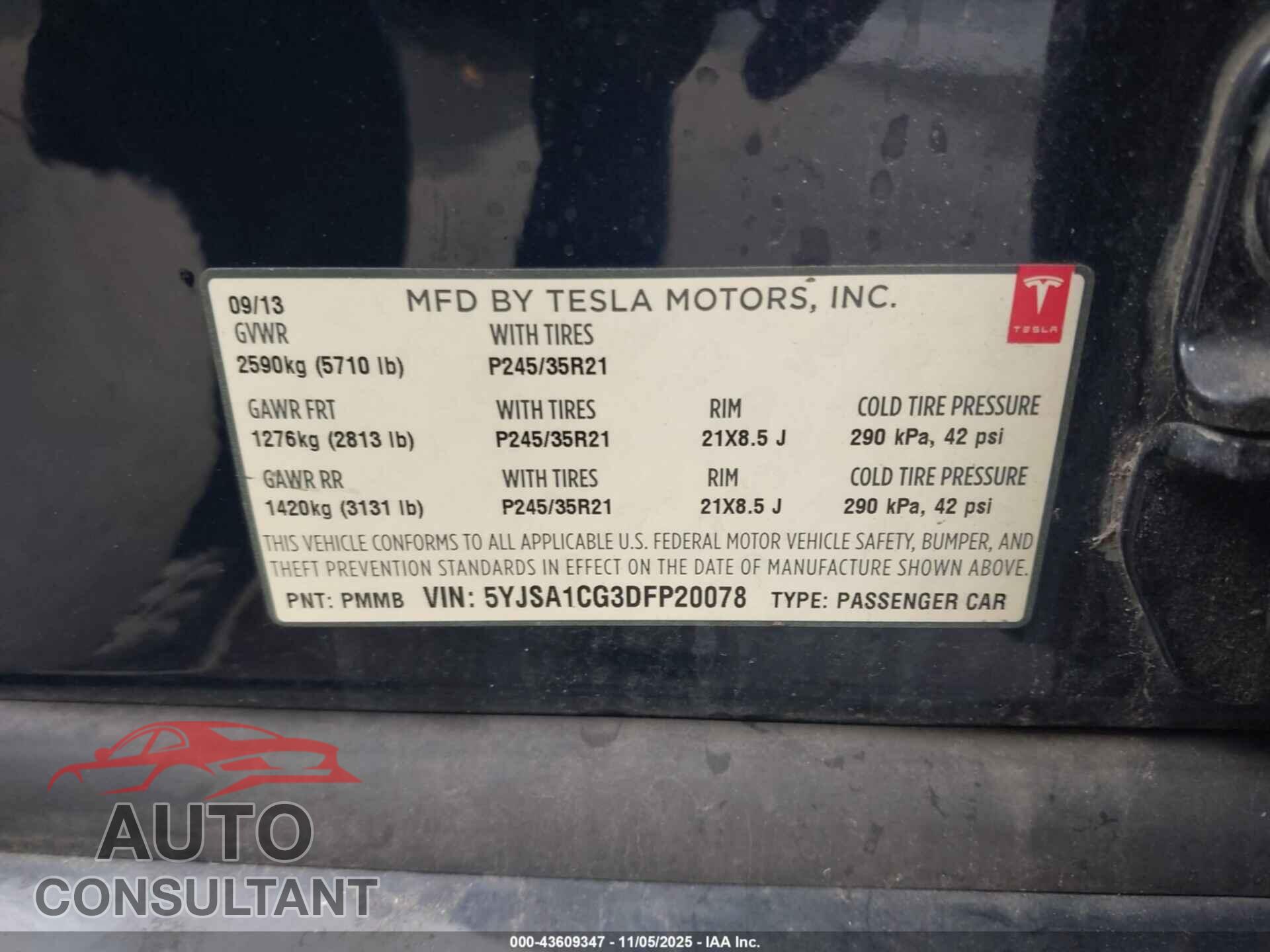 TESLA MODEL S 2013 - 5YJSA1CG3DFP20078