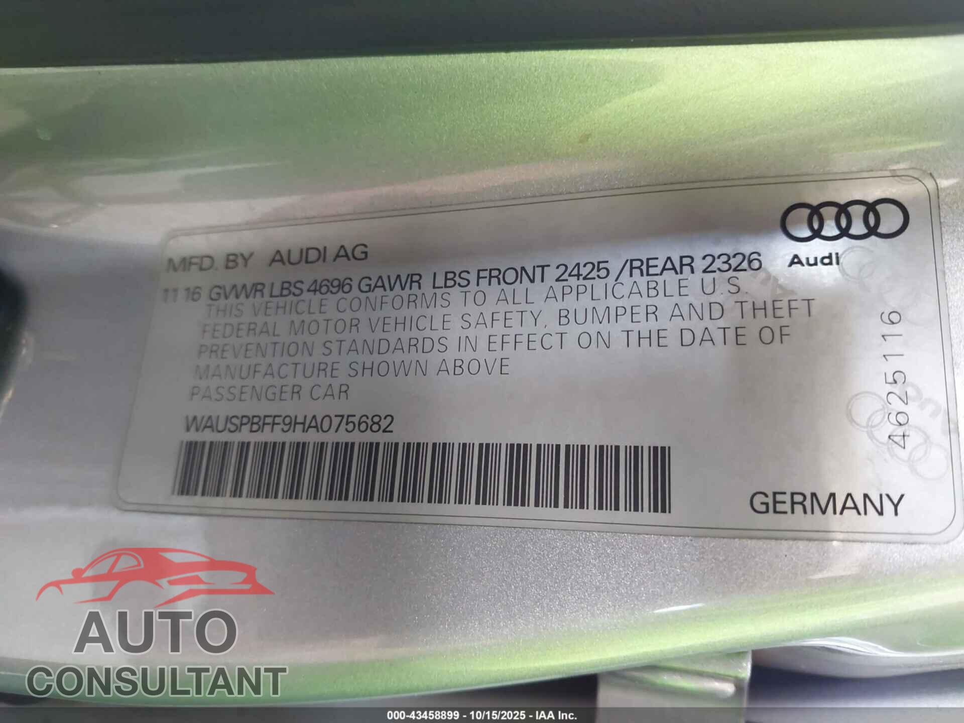 AUDI A3 E-TRON 2017 - WAUSPBFF9HA075682