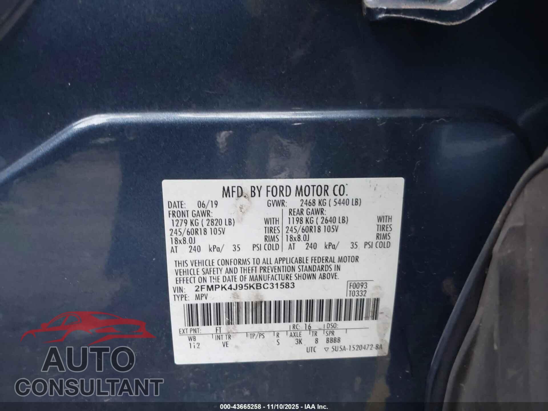 FORD EDGE 2019 - 2FMPK4J95KBC31583
