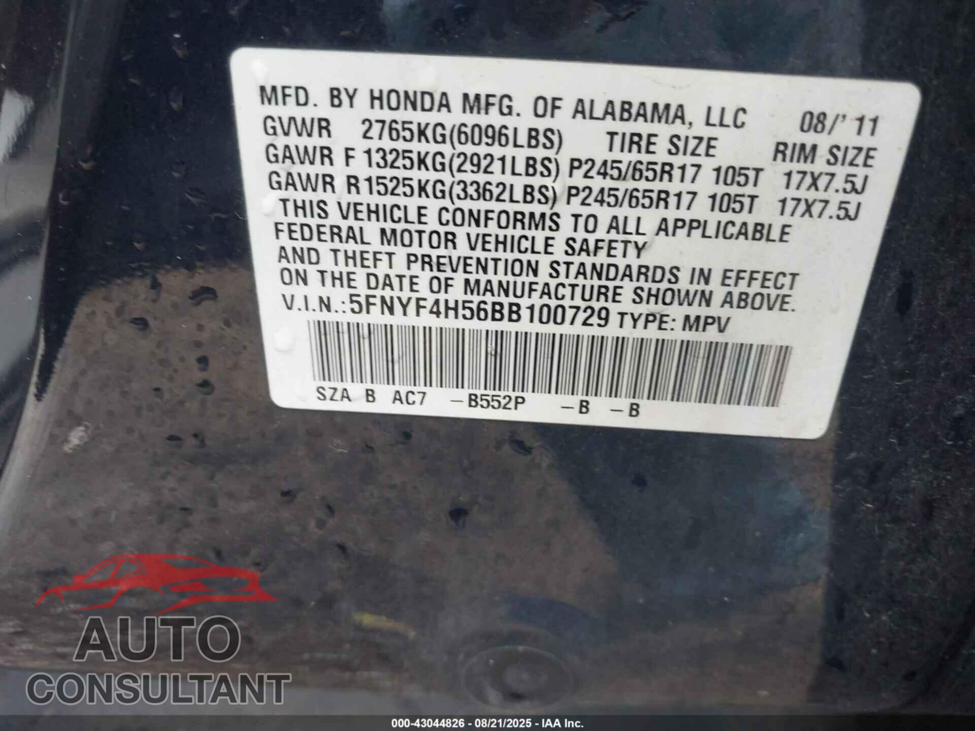 HONDA PILOT 2011 - 5FNYF4H56BB100729