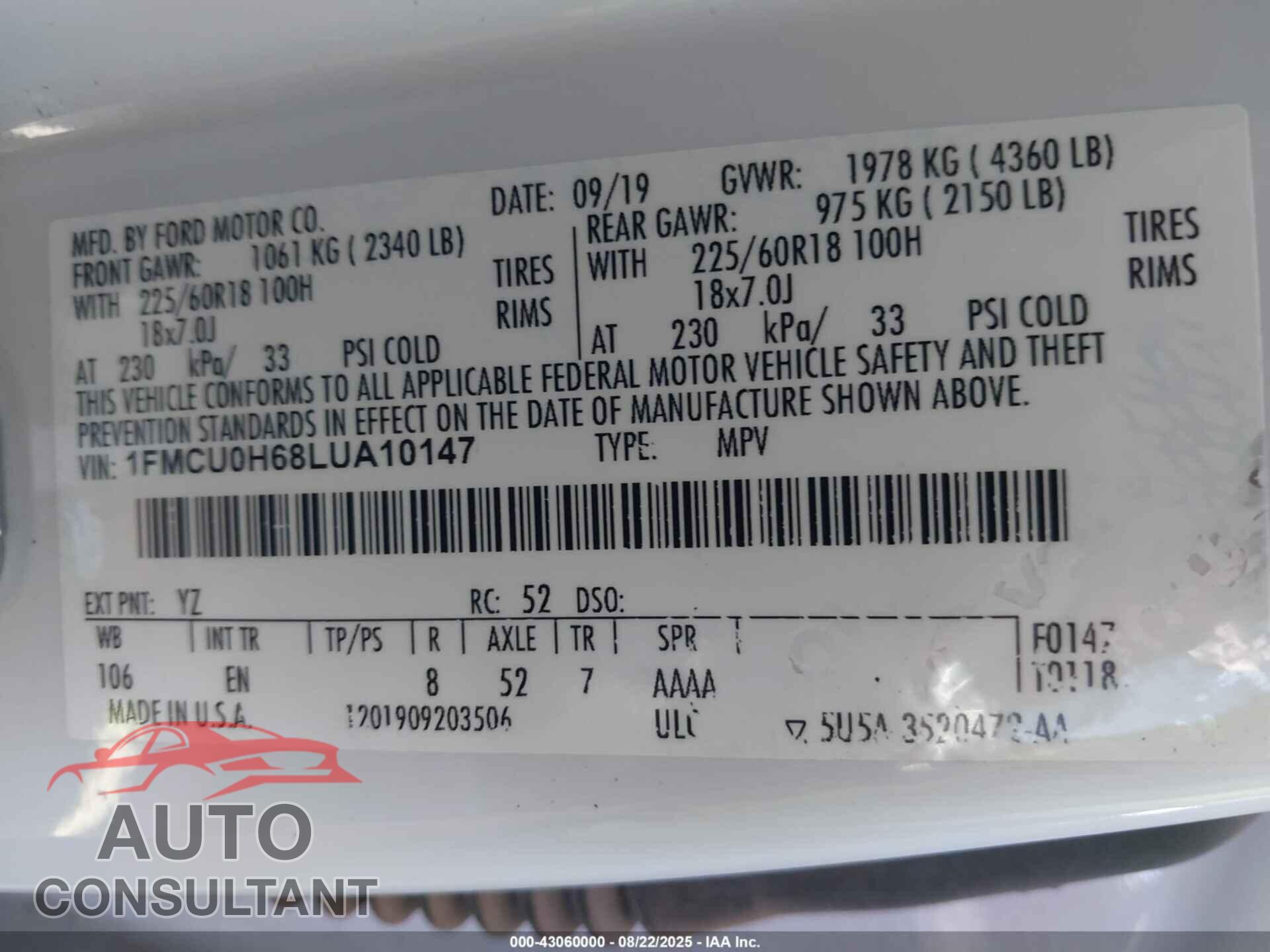 FORD ESCAPE 2020 - 1FMCU0H68LUA10147
