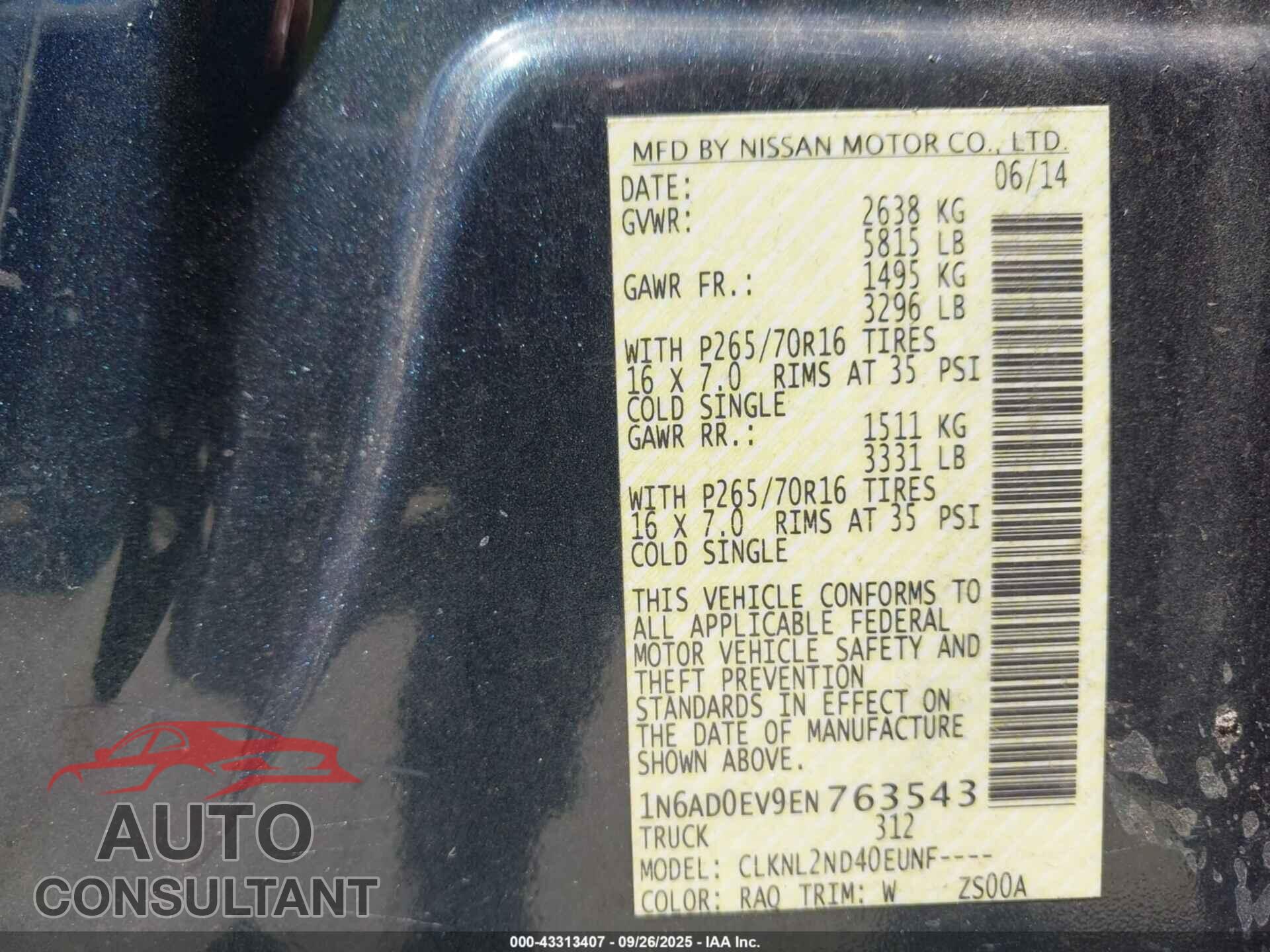 NISSAN FRONTIER 2014 - 1N6AD0EV9EN763543