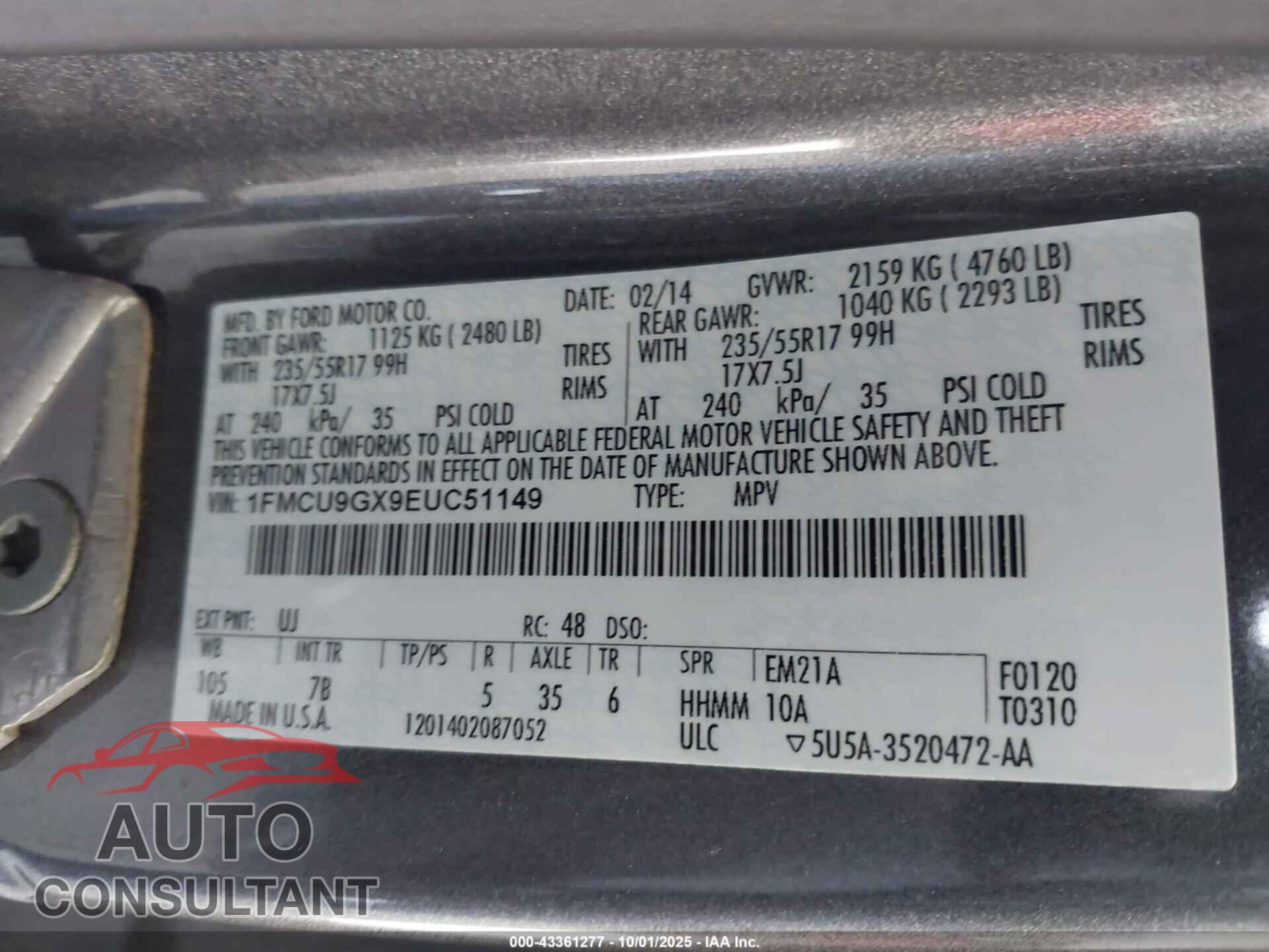 FORD ESCAPE 2014 - 1FMCU9GX9EUC51149