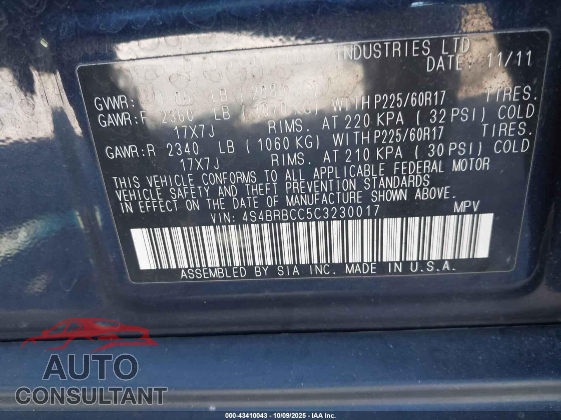 SUBARU OUTBACK 2012 - 4S4BRBCC5C3230017
