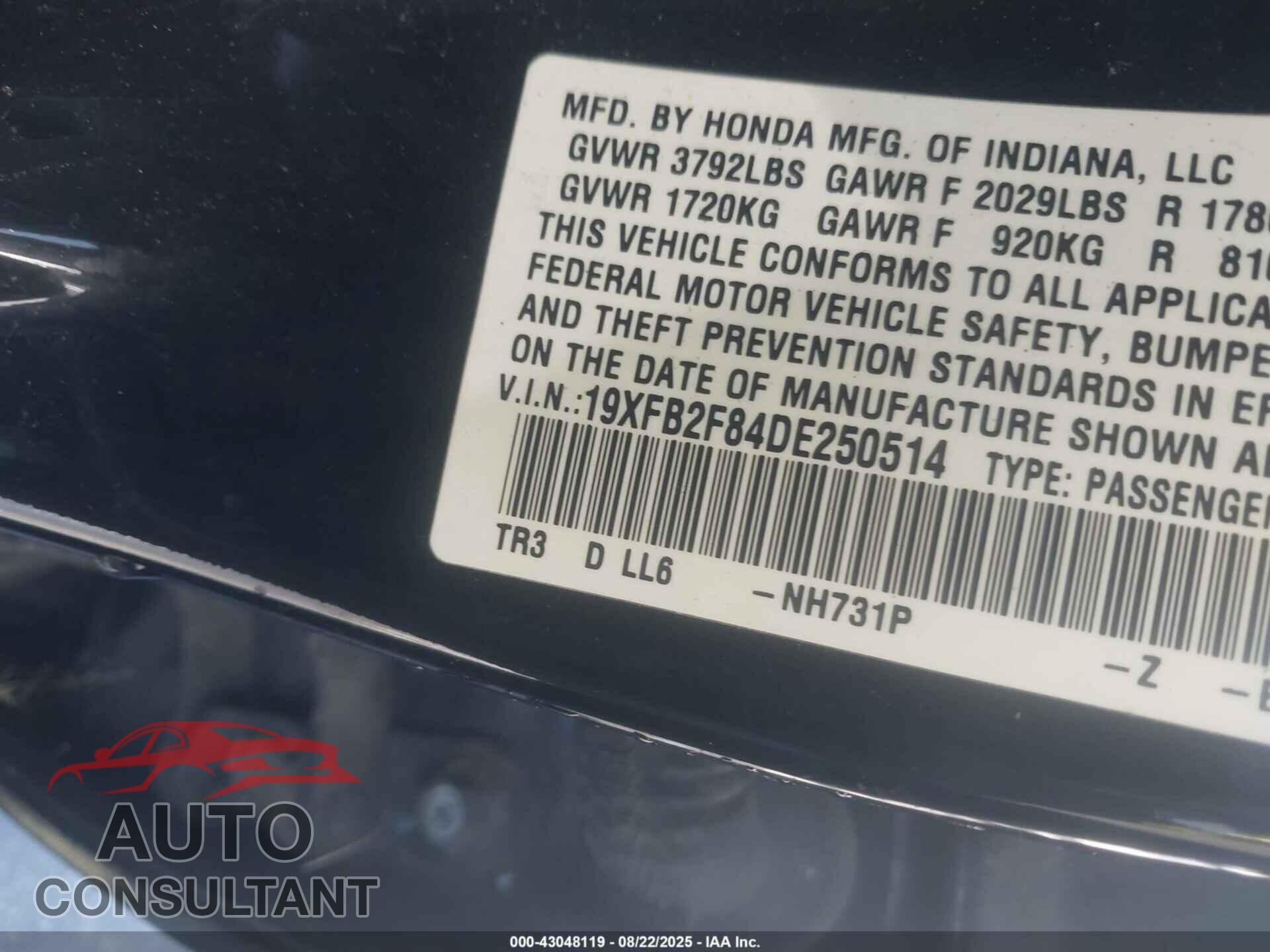 HONDA CIVIC 2013 - 19XFB2F84DE250514