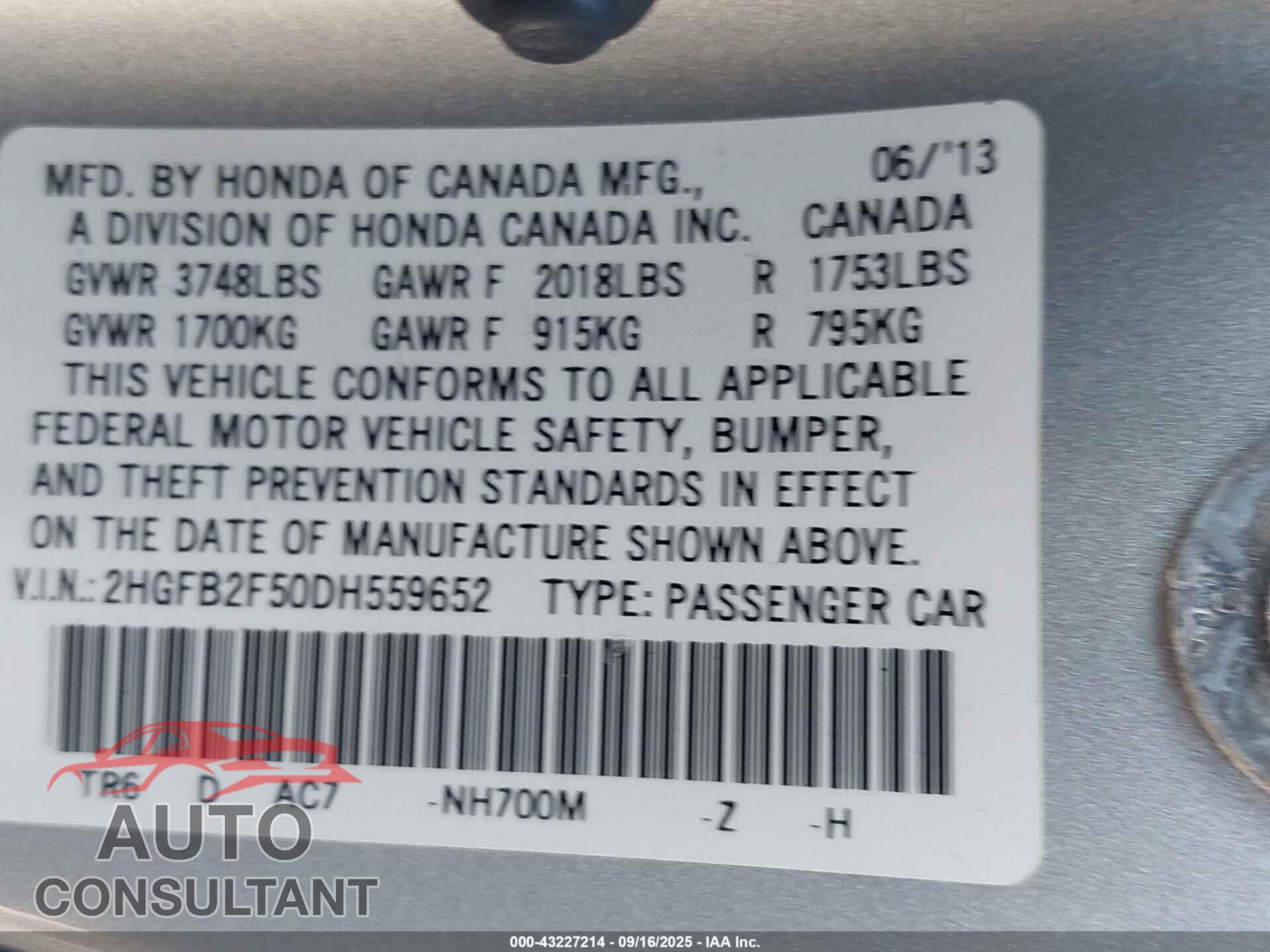 HONDA CIVIC 2013 - 2HGFB2F50DH559652
