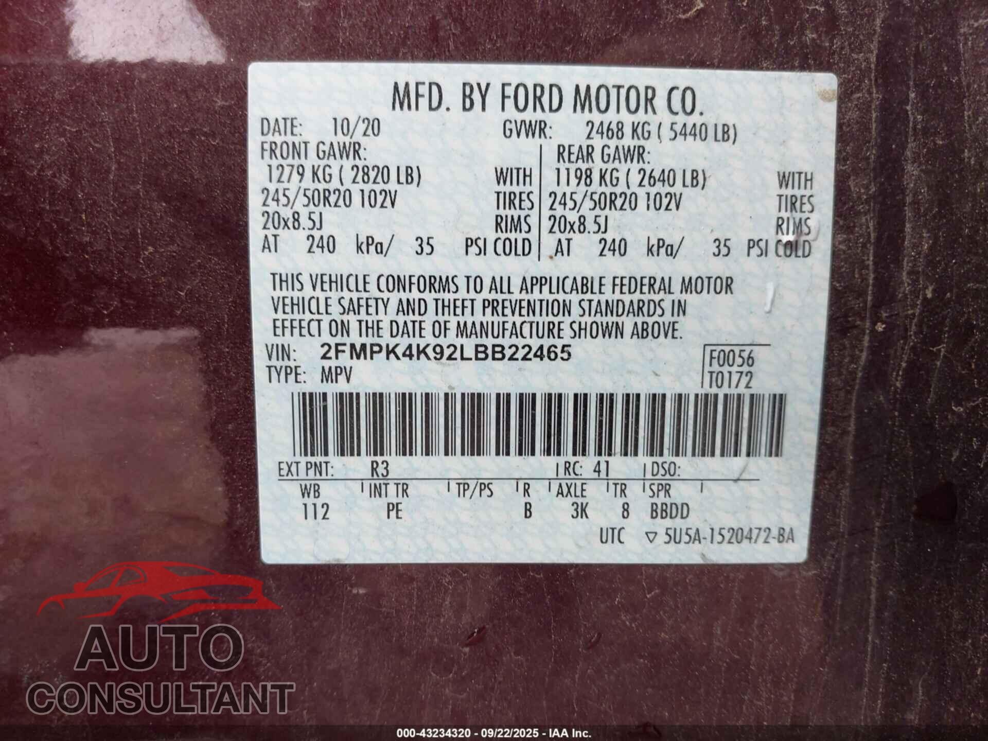 FORD EDGE 2020 - 2FMPK4K92LBB22465
