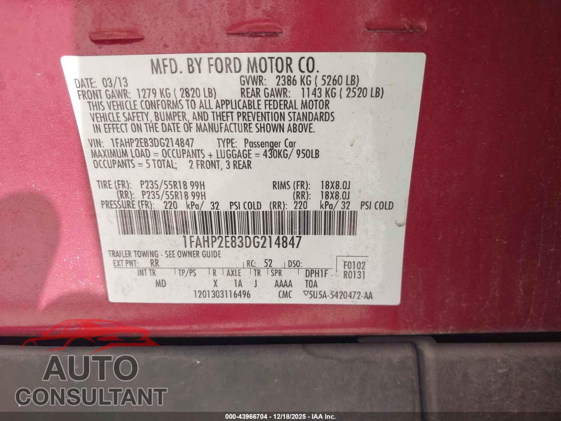 FORD TAURUS 2013 - 1FAHP2E83DG214847