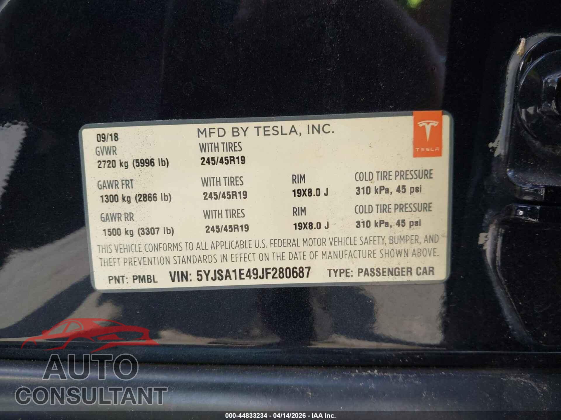 TESLA MODEL S 2018 - 5YJSA1E49JF280687