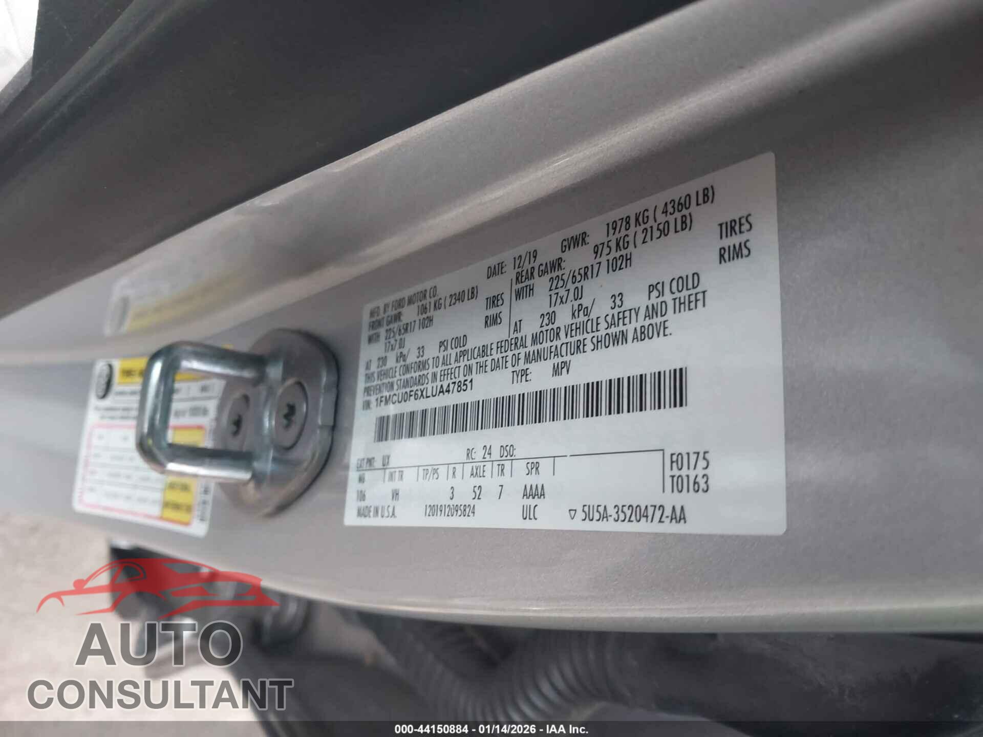 FORD ESCAPE 2020 - 1FMCU0F6XLUA47851