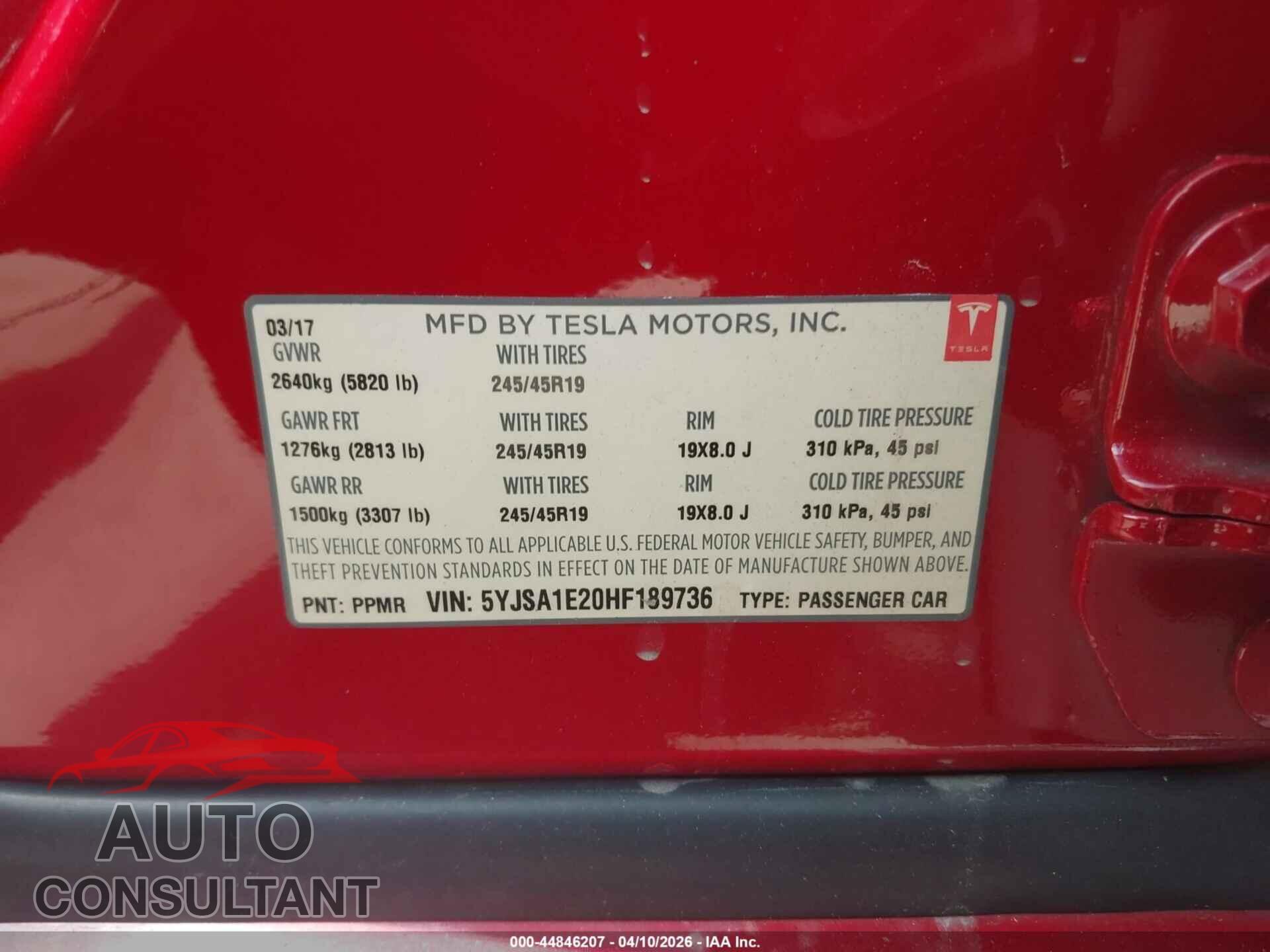 TESLA MODEL S 2017 - 5YJSA1E20HF189736