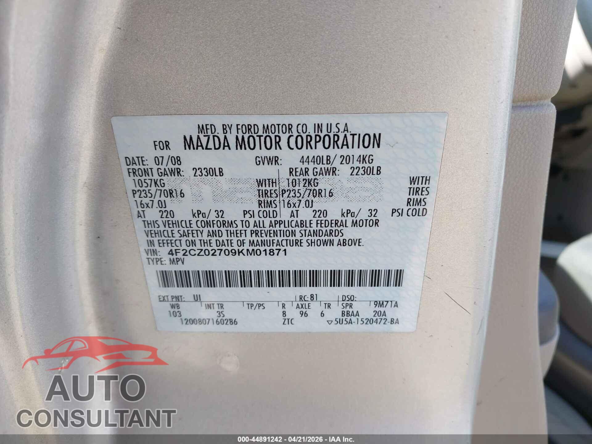 MAZDA TRIBUTE 2009 - 4F2CZ02709KM01871