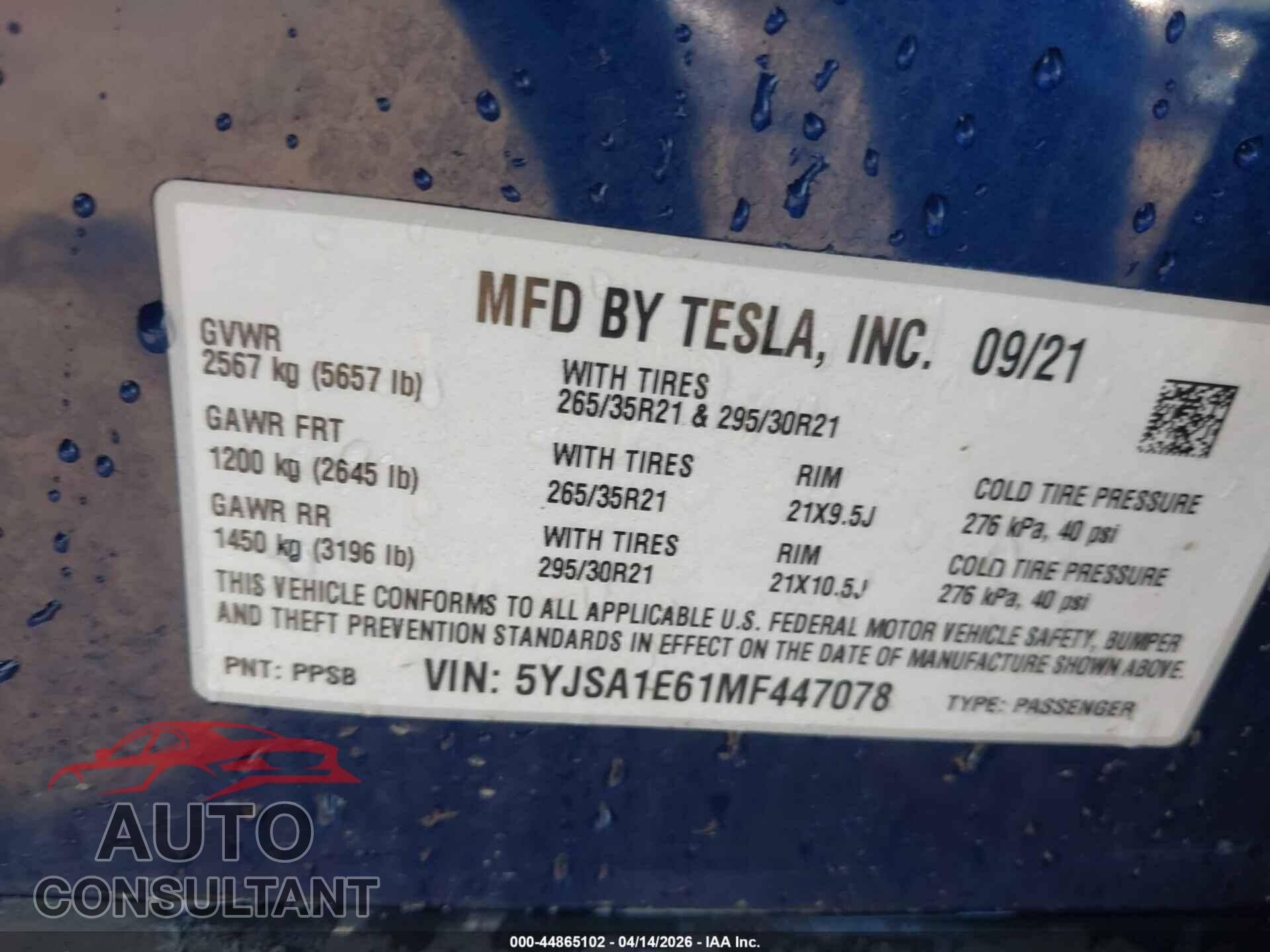 TESLA MODEL S 2021 - 5YJSA1E61MF447078